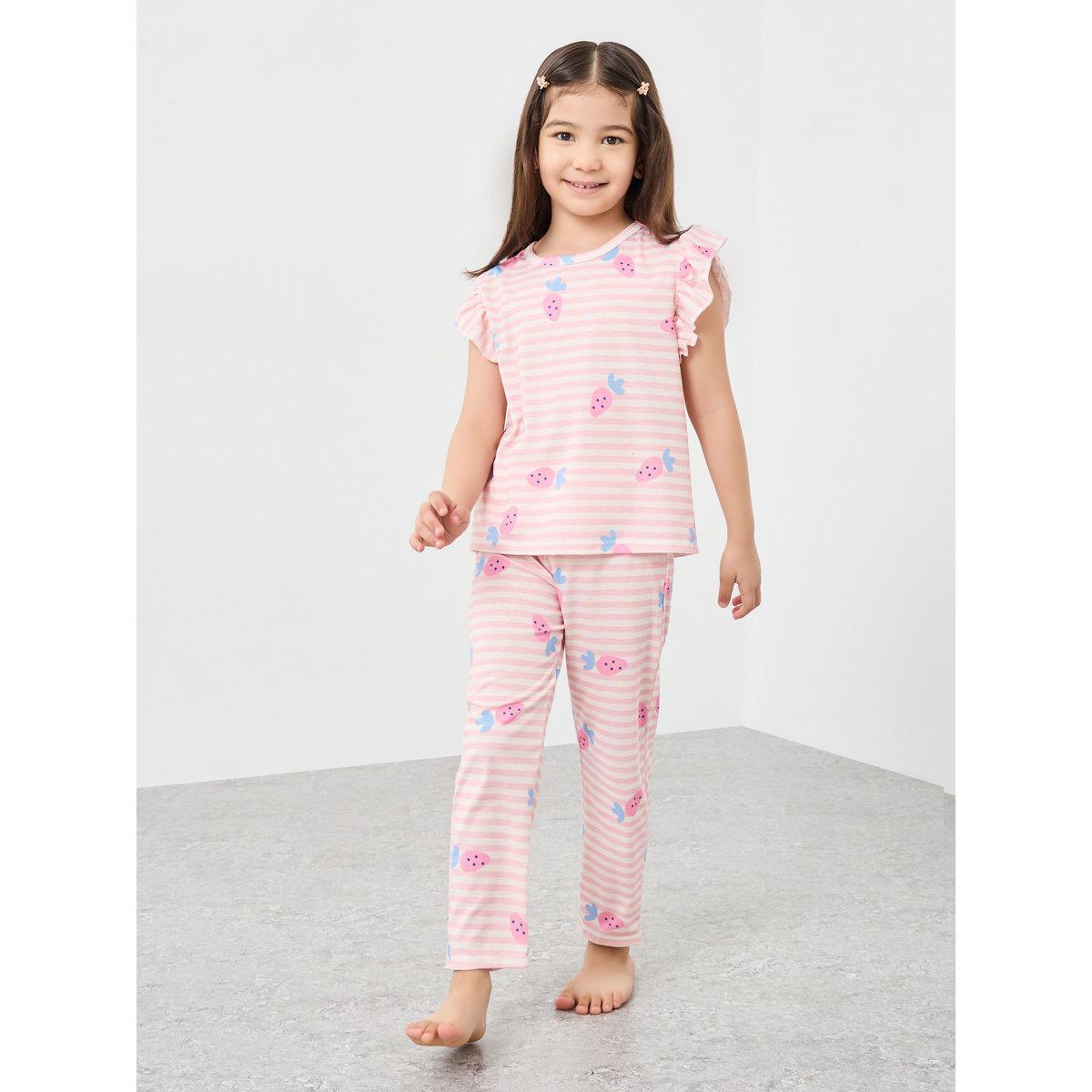 Styli Striped Ruffle Sleeve T-Shirt and Pyjama Set-girls-clothing-nightwear-image-1
