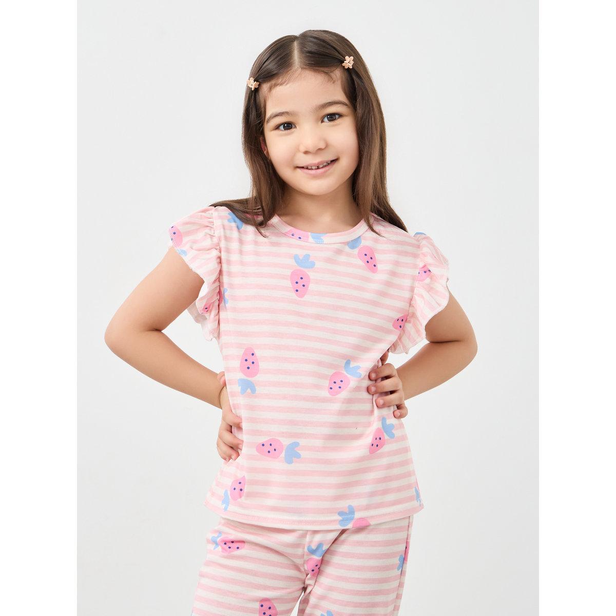 طقم بيجاما من بنطال وتيشيرت مخطط بأكمام كشكش-girls-clothing-nightwear-image-2