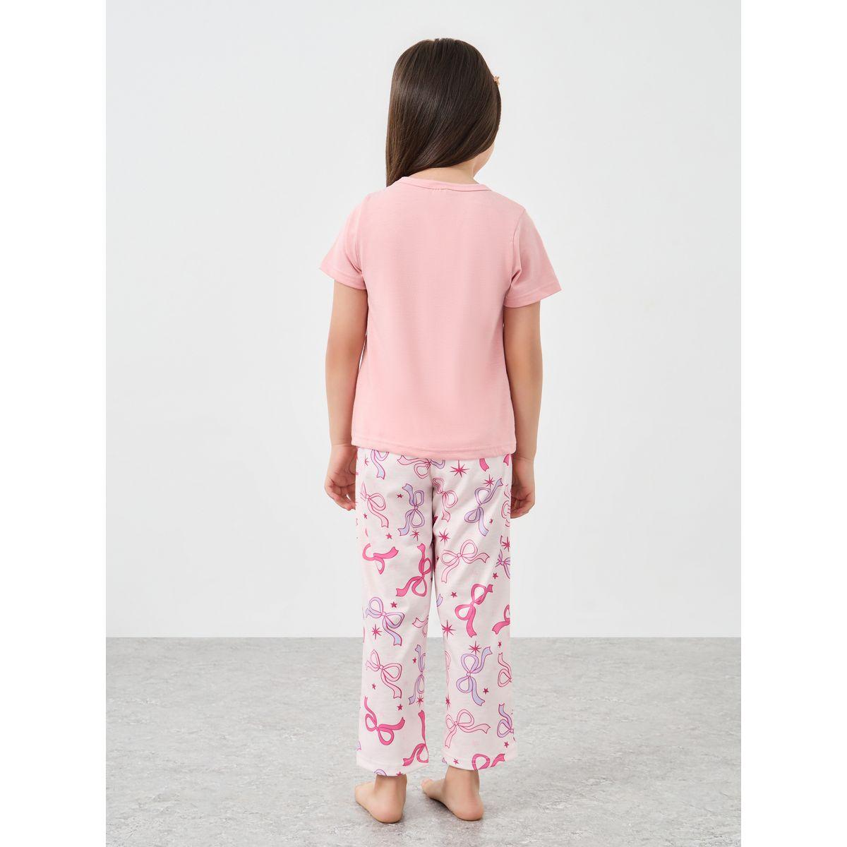 Styli Round Neck T-Shirt and Bow Print Pyjama Set-girls-clothing-nightwear-image-4