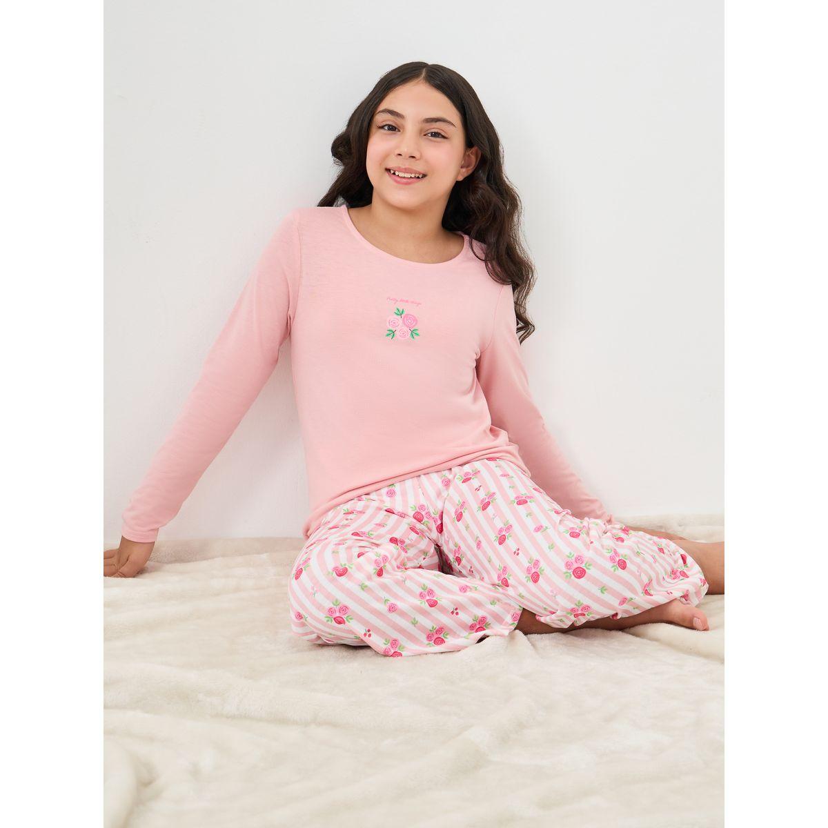 Styli Printed Long Sleeves T-Shirt and Floral Pyjama Set-girls-clothing-nightwear-image-1