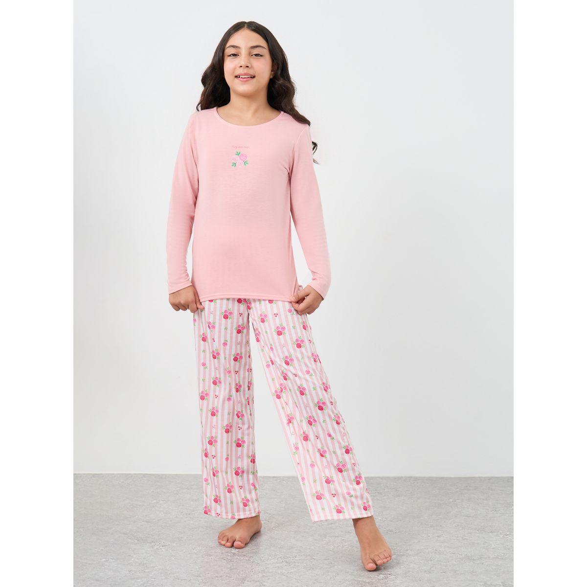 Styli Printed Long Sleeves T-Shirt and Floral Pyjama Set-girls-clothing-nightwear-image-3