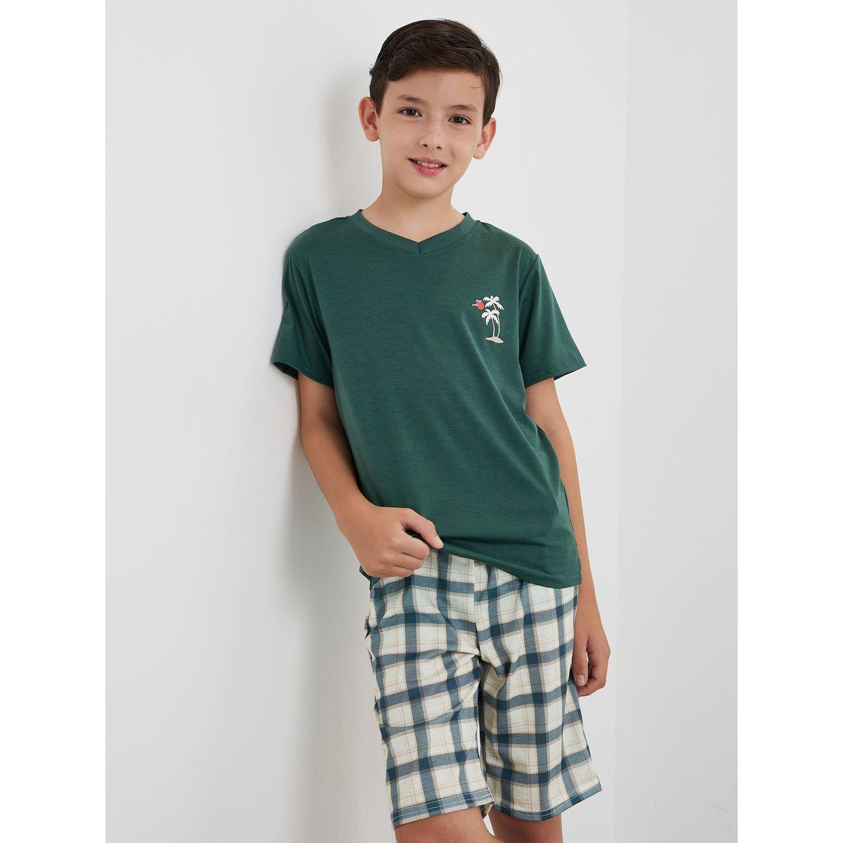 Styli V Neck T-Shirt and Checked Shorts Set-boys-clothing-nightwear-image-1