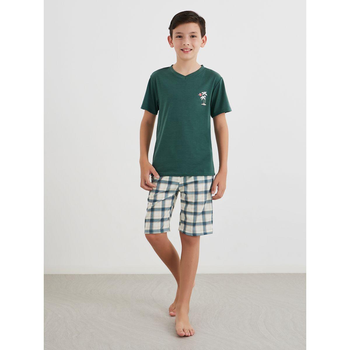 Styli V Neck T-Shirt and Checked Shorts Set-boys-clothing-nightwear-image-2