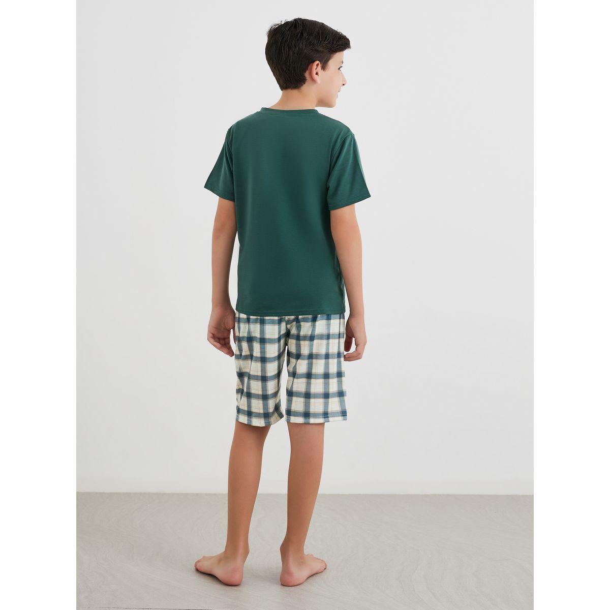 Styli V Neck T-Shirt and Checked Shorts Set-boys-clothing-nightwear-image-5
