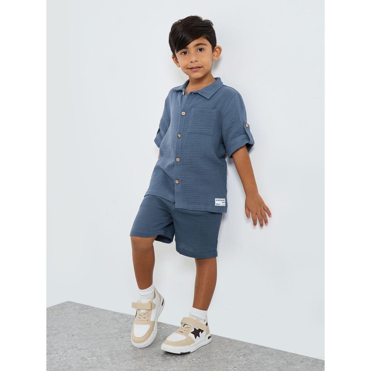 Styli Double Gauze Plain Shirt and Shorts Set-boys-clothing-setsandcoords-image-1