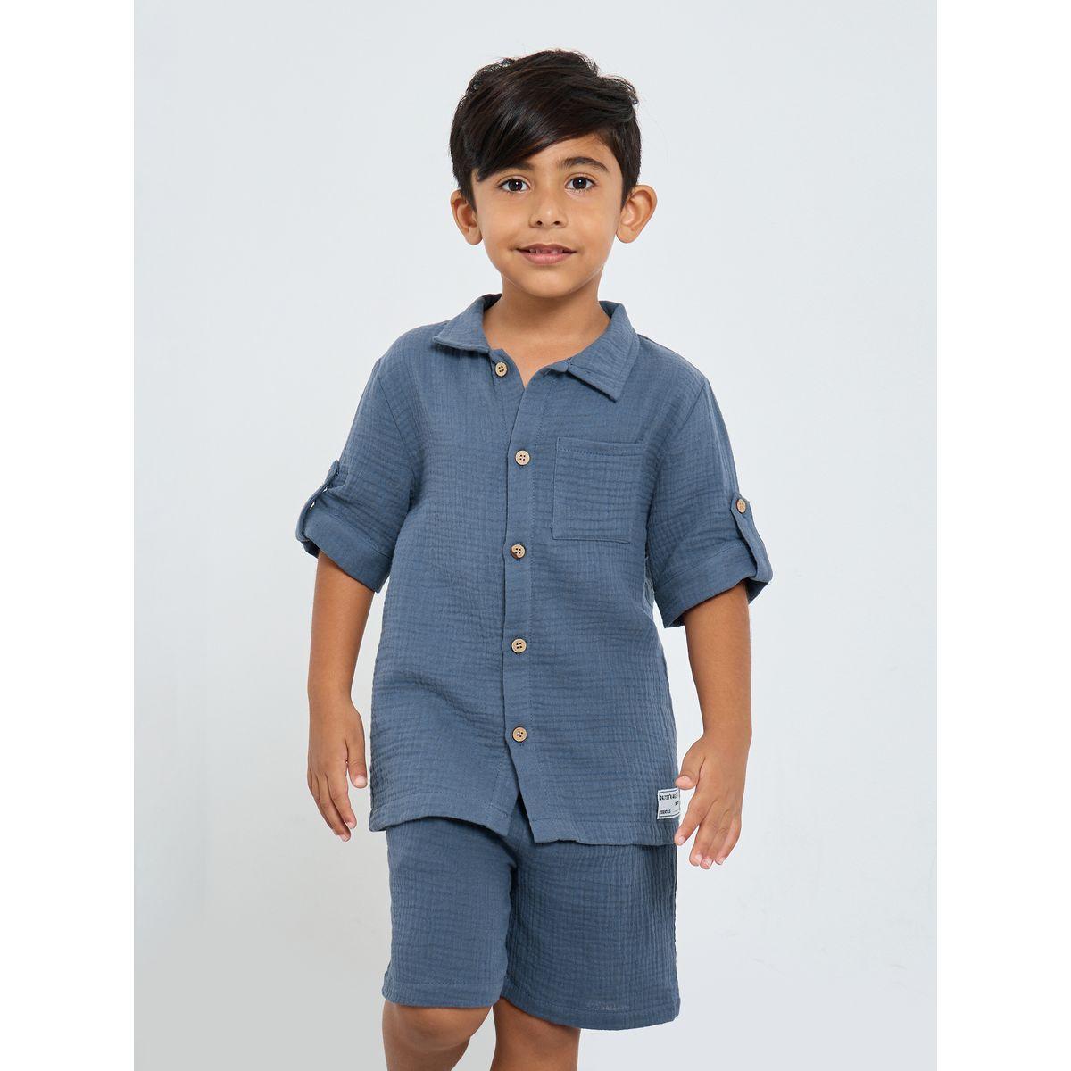 Styli Double Gauze Plain Shirt and Shorts Set-boys-clothing-setsandcoords-image-2