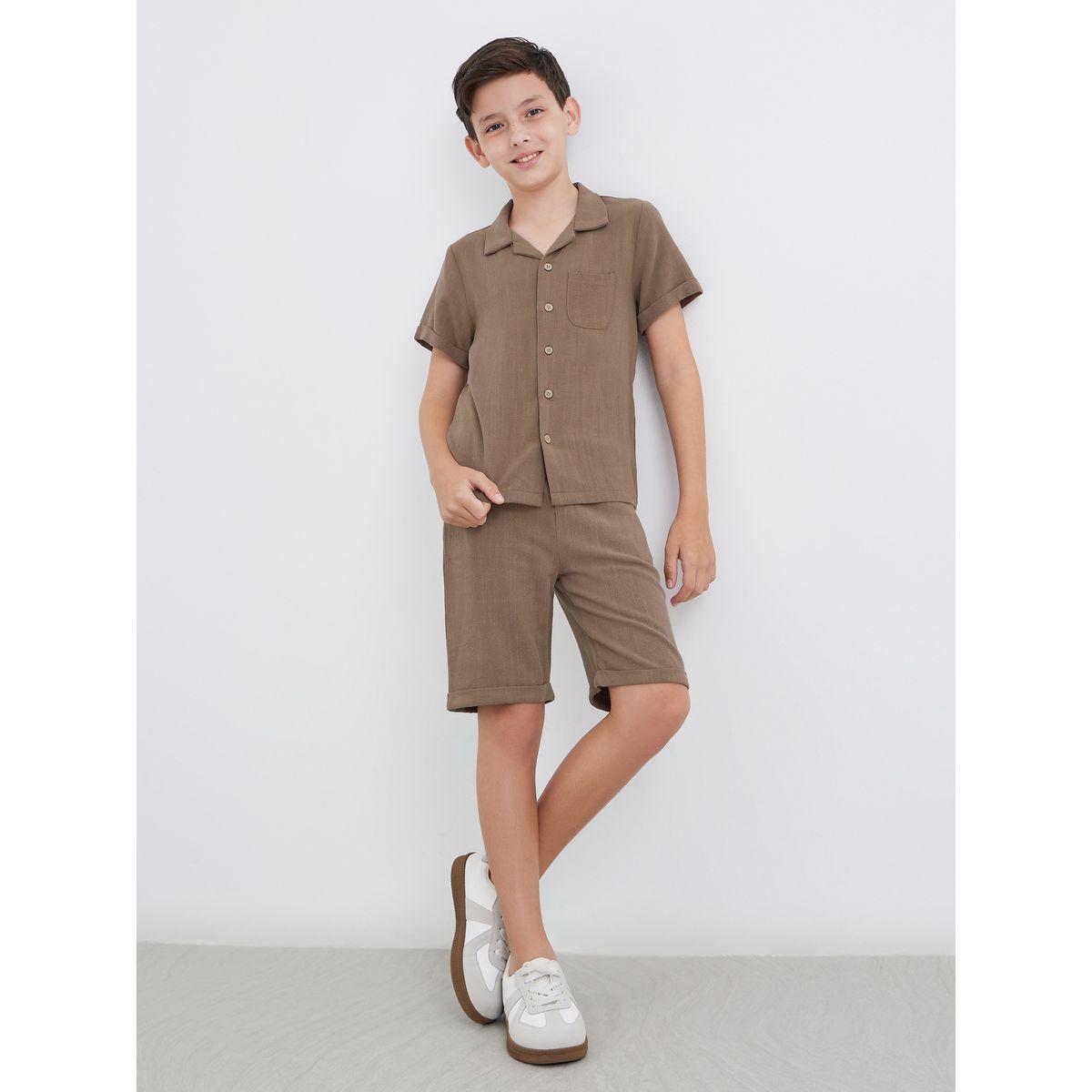 Styli Linen Look Plain Shirt and Shorts Set-boys-clothing-setsandcoords-image-1