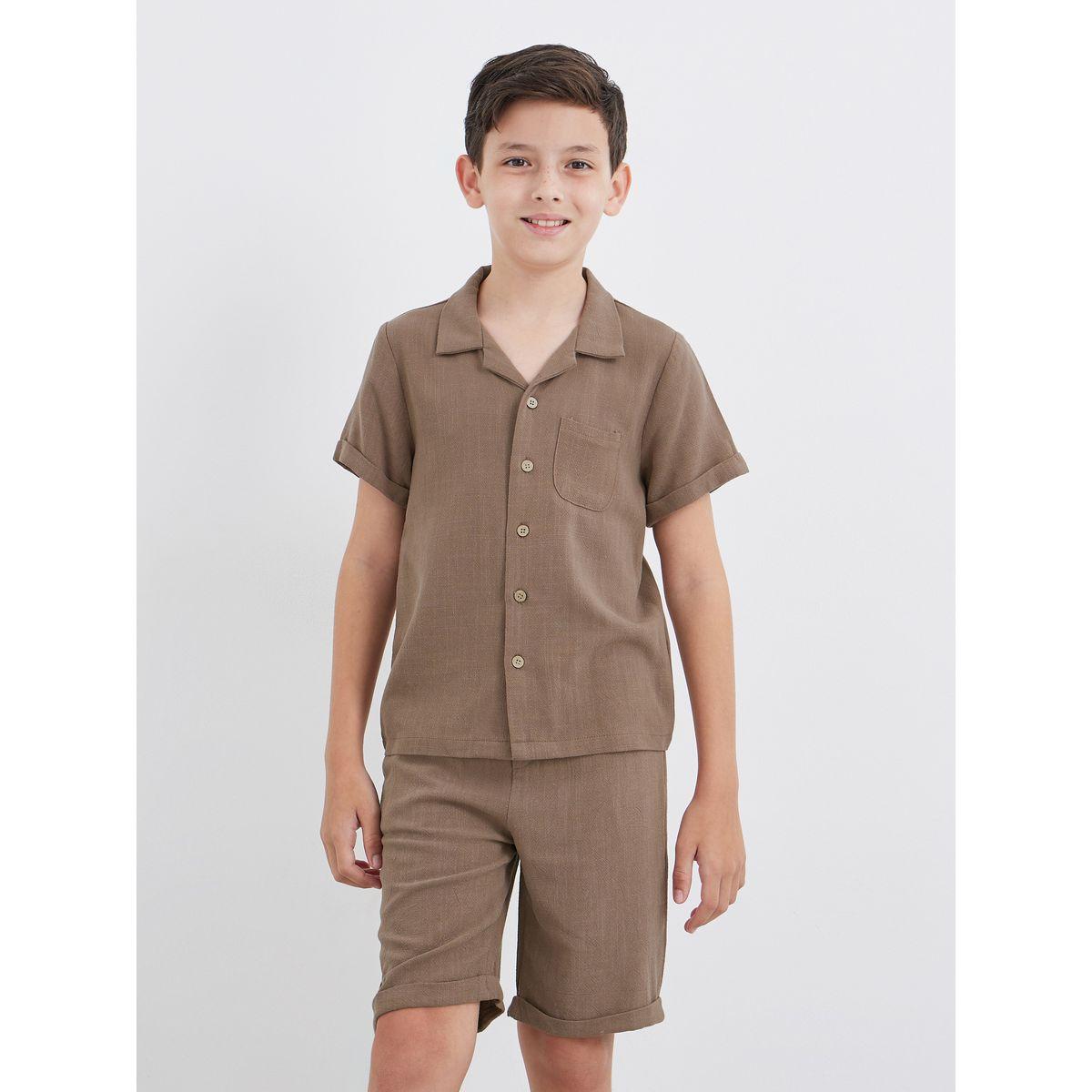 Styli Linen Look Plain Shirt and Shorts Set-boys-clothing-setsandcoords-image-2