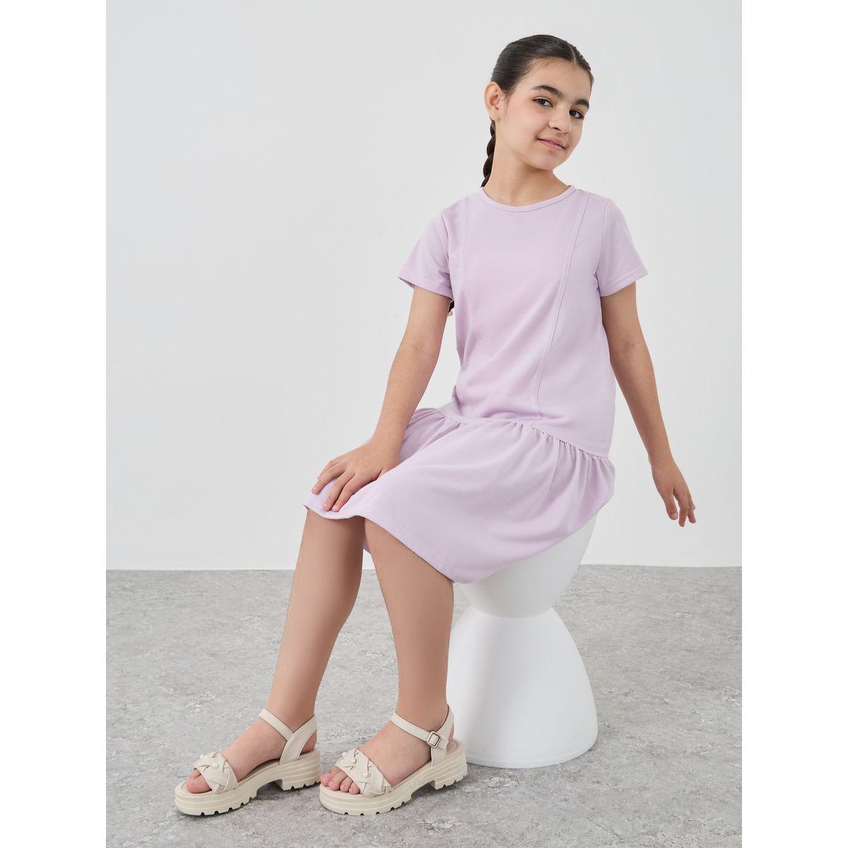 Styli Solid Drop Waist Knee-Length Dress-girls-clothing-dressesandjumpsuits-image-1
