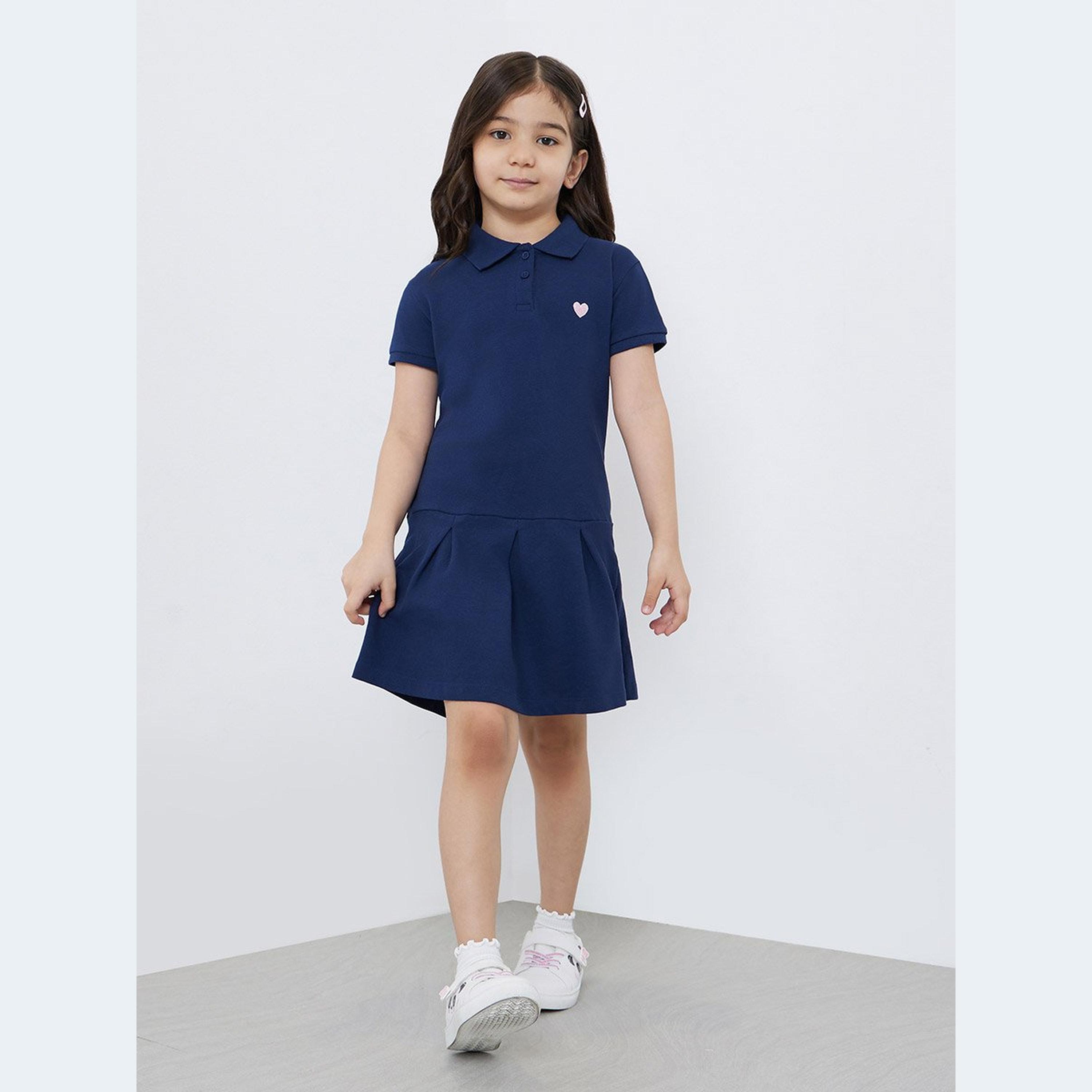 Styli Girls Navy Blue Heart Embroidered Detail Polo Dress-girls-clothing-dressesandjumpsuits-image-1