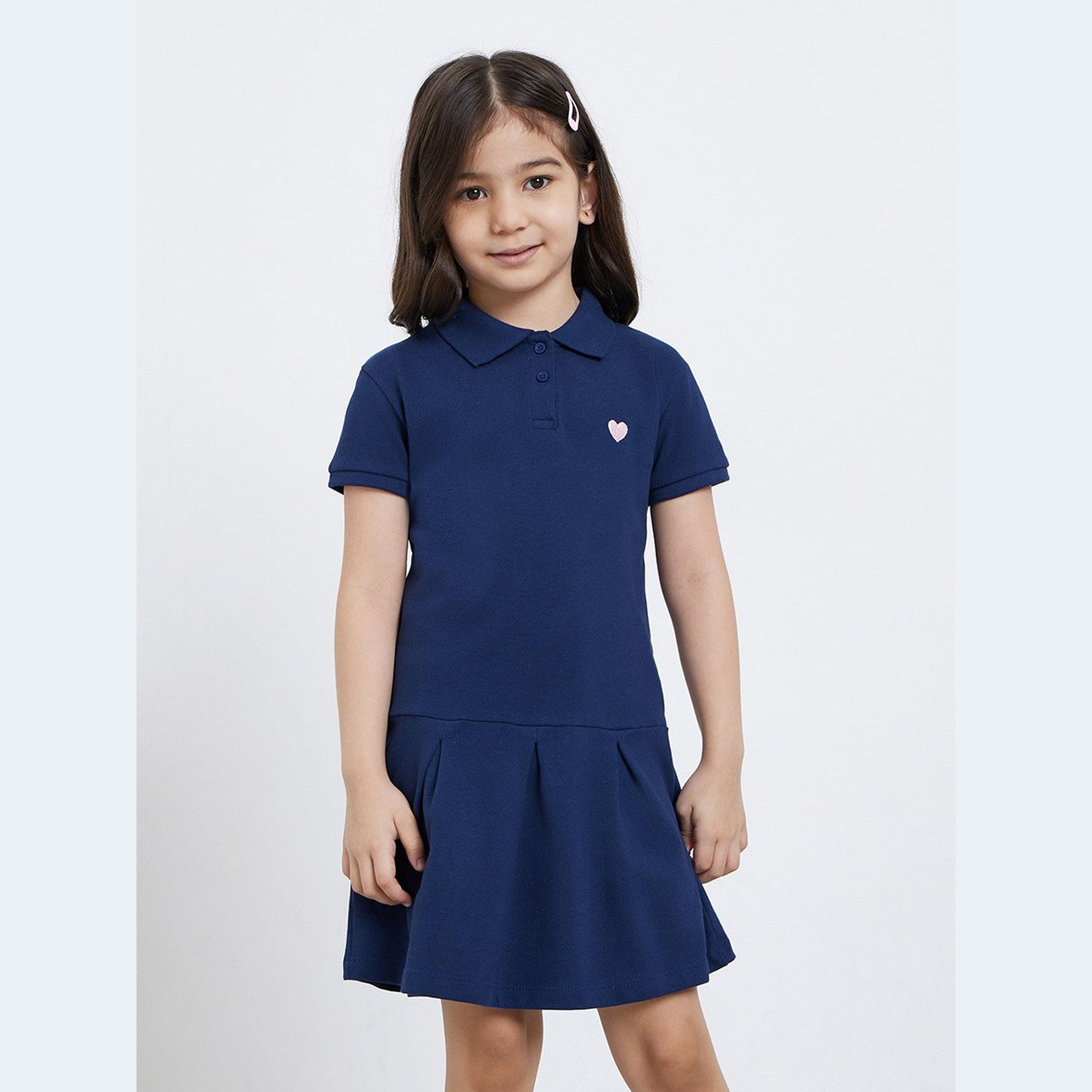 Styli Girls Navy Blue Heart Embroidered Detail Polo Dress-girls-clothing-dressesandjumpsuits-image-2
