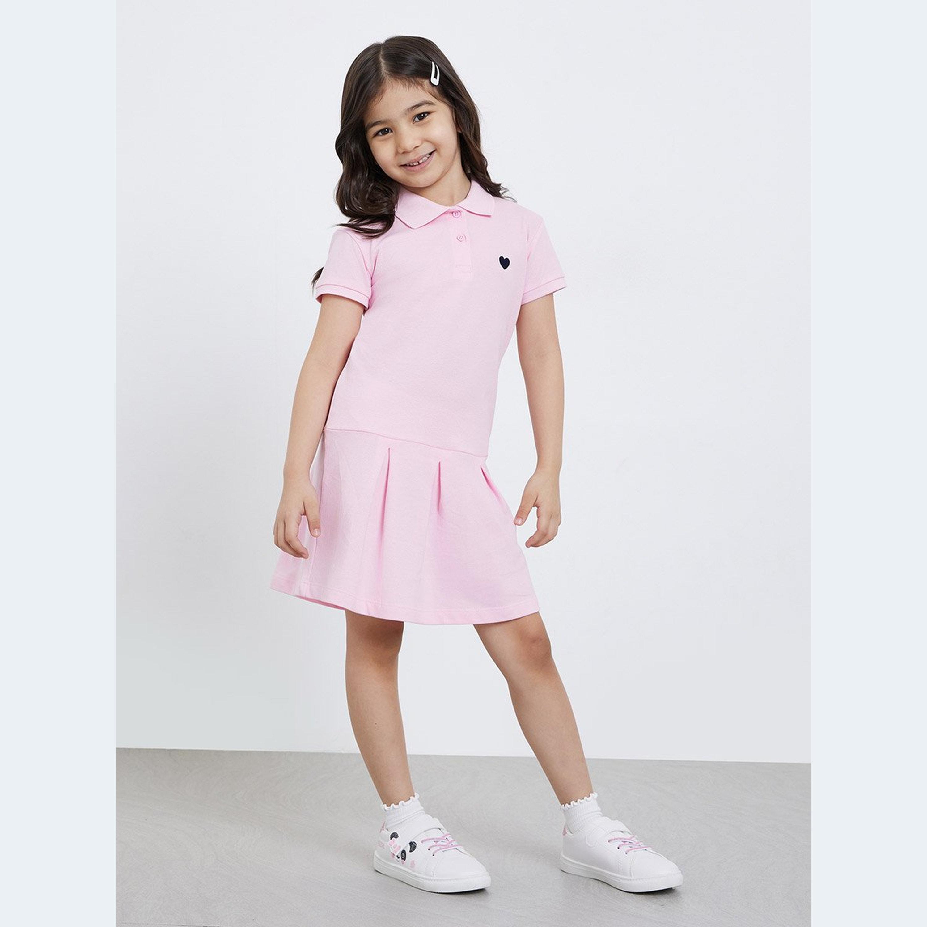 Styli Girls Pink Heart Embroidered Detail Polo Dress-girls-clothing-dressesandjumpsuits-image-1
