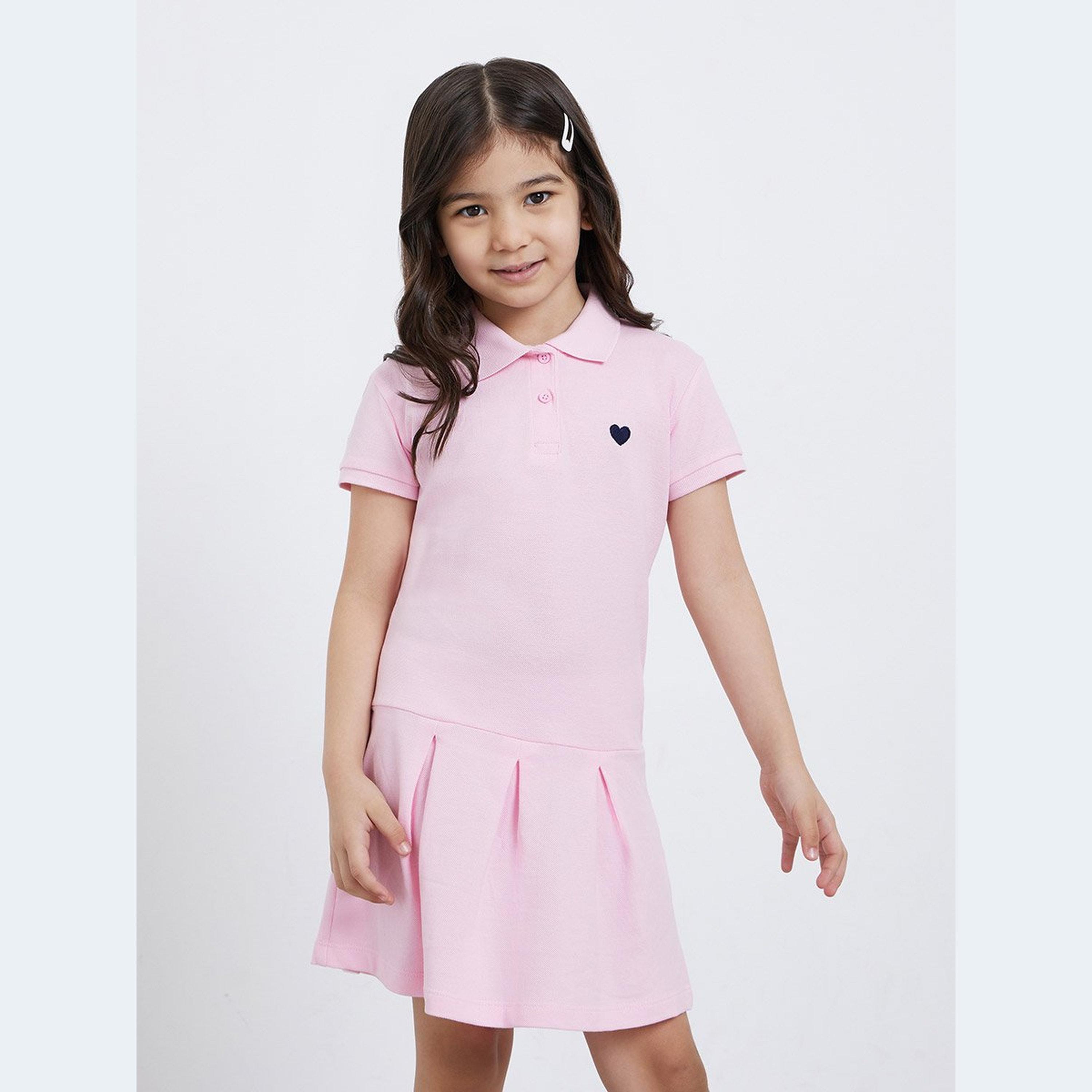 Styli Girls Pink Heart Embroidered Detail Polo Dress-girls-clothing-dressesandjumpsuits-image-2