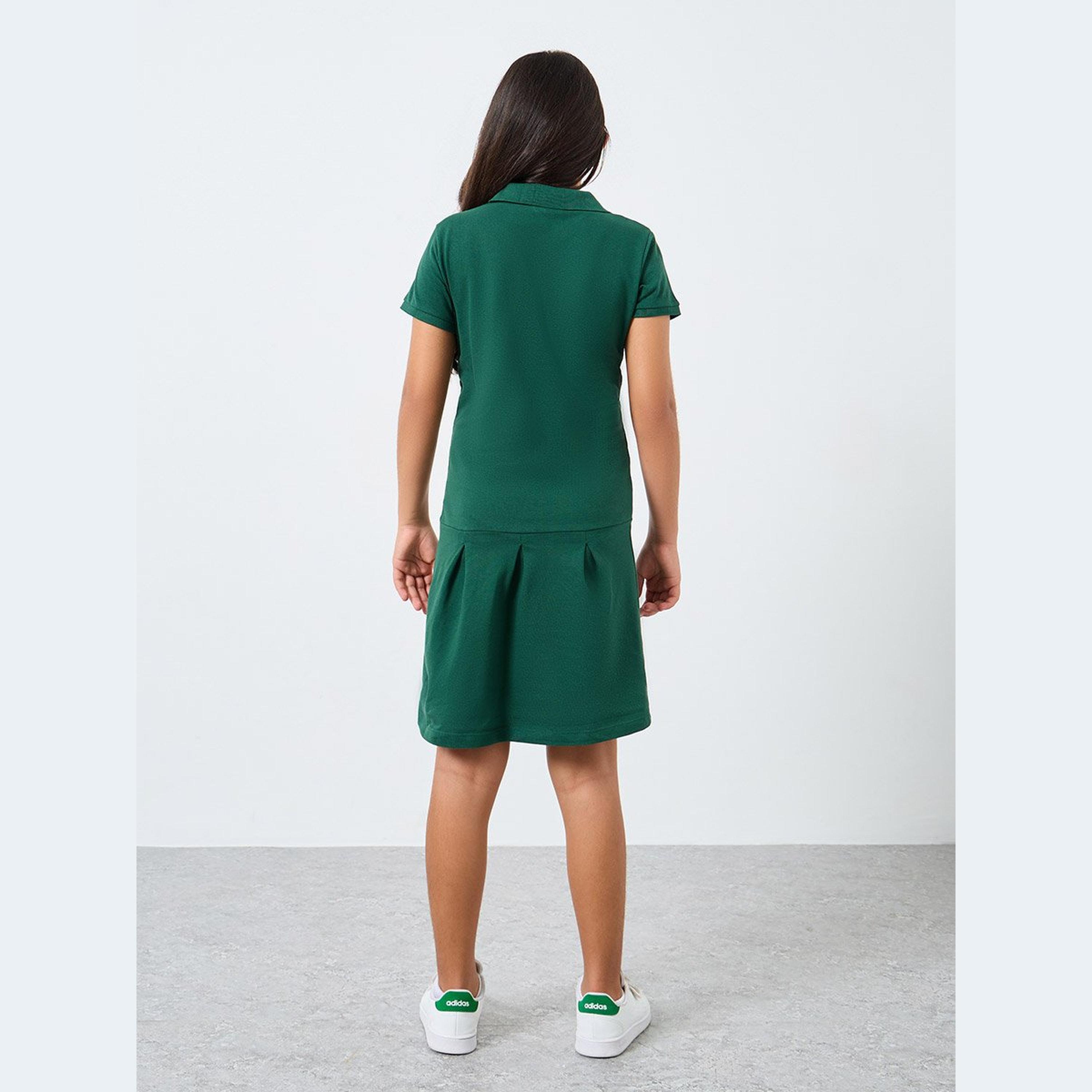Styli Girls Green Cotton Polo T-Shirt Dress-girls-clothing-dressesandjumpsuits-image-4