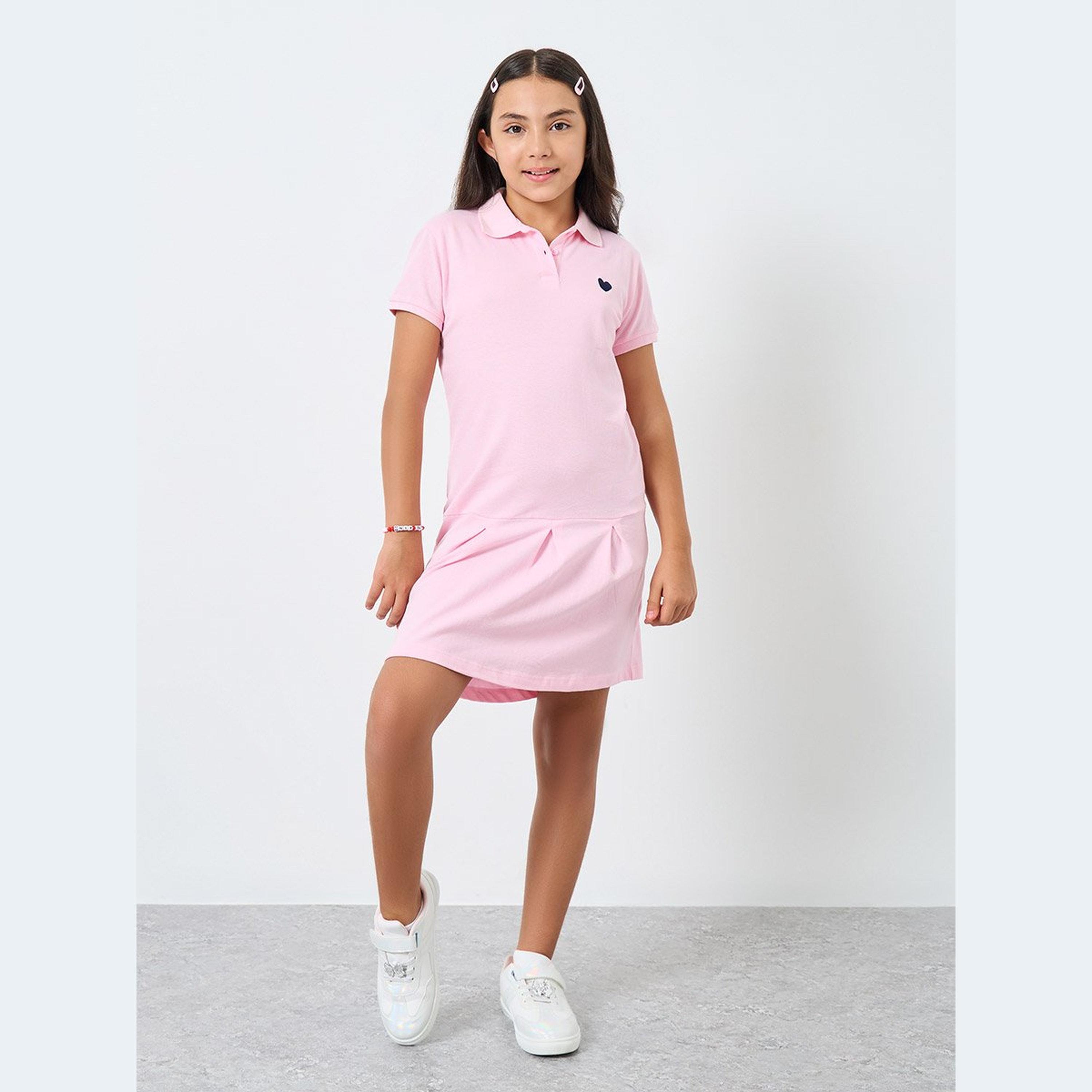 Styli Girls Pink Cotton Polo T-Shirt Dress-girls-clothing-dressesandjumpsuits-image-1