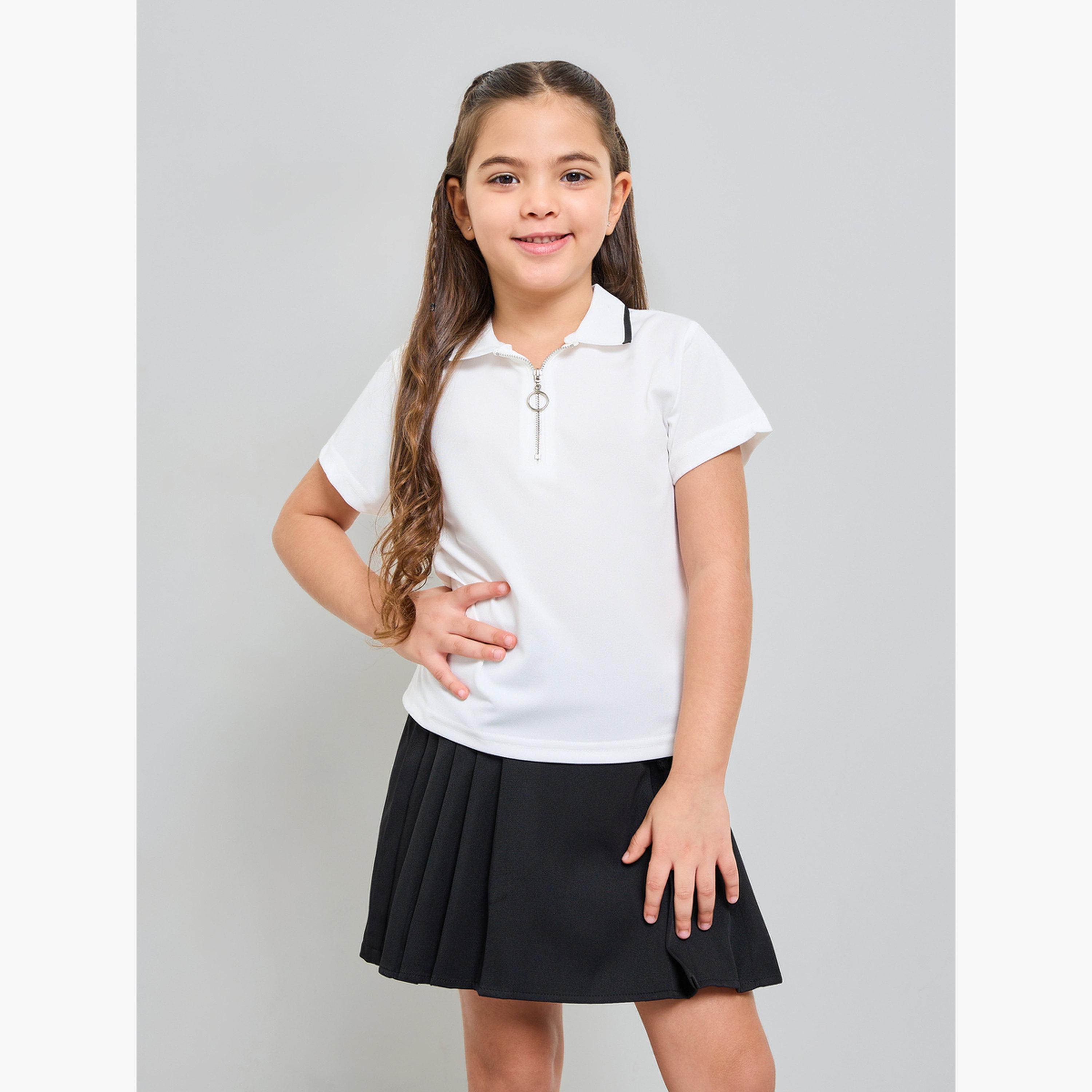 طقم من تنورة بكسرات سادة وتيشيرت بولو بسحاب للبنات-girls-clothing-setsandcoords-image-1