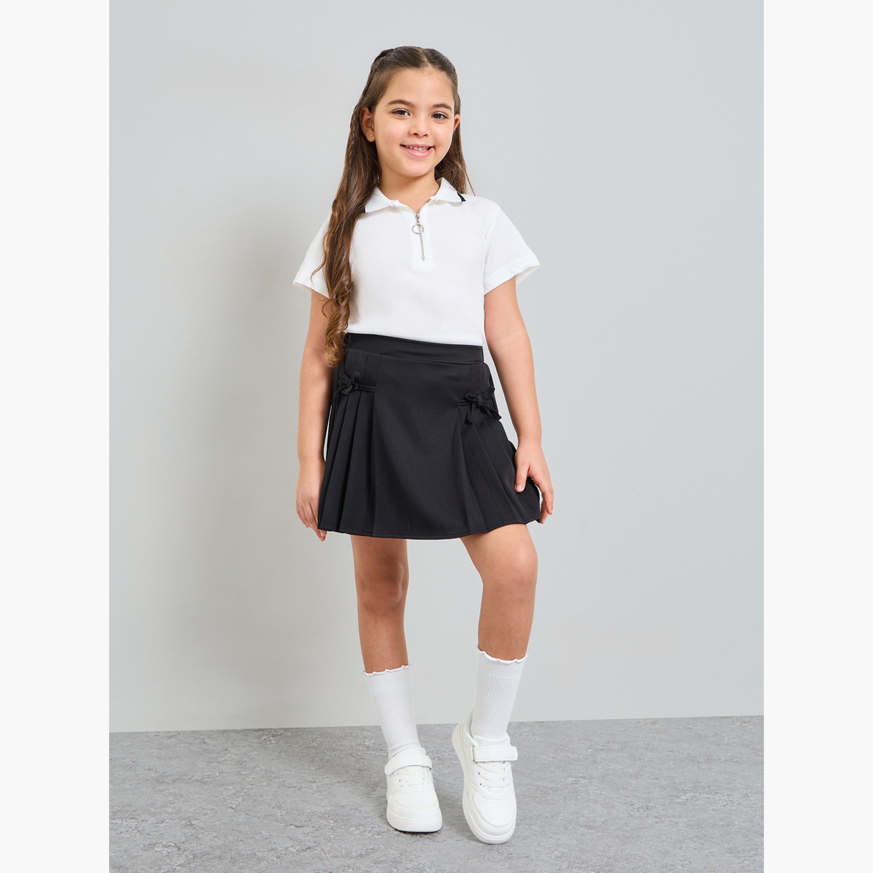 طقم من تنورة بكسرات سادة وتيشيرت بولو بسحاب للبنات-girls-clothing-setsandcoords-image-2