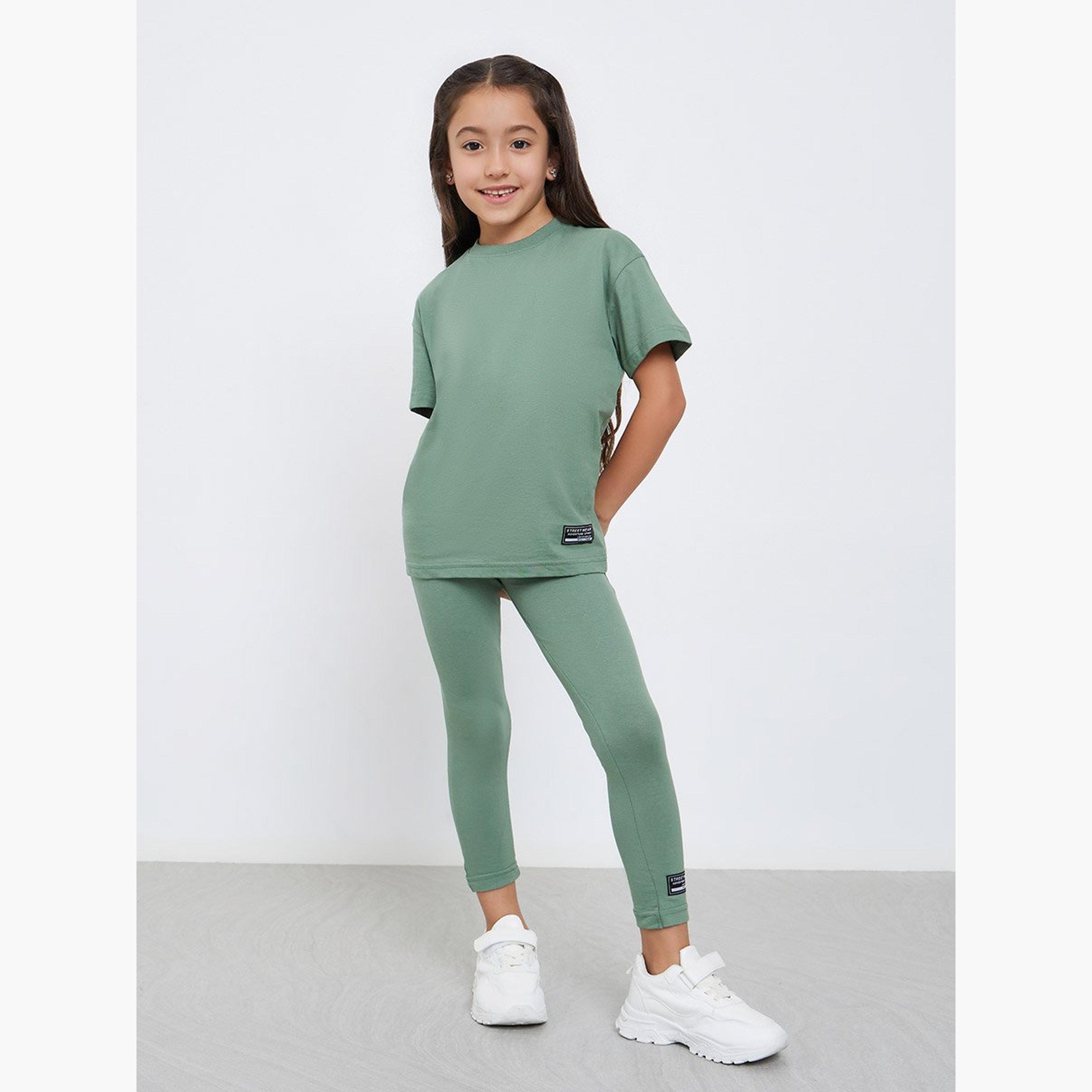 Styli Girls Green Oversized T-Shirt and Leggings Set-girls-clothing-setsandcoords-image-1