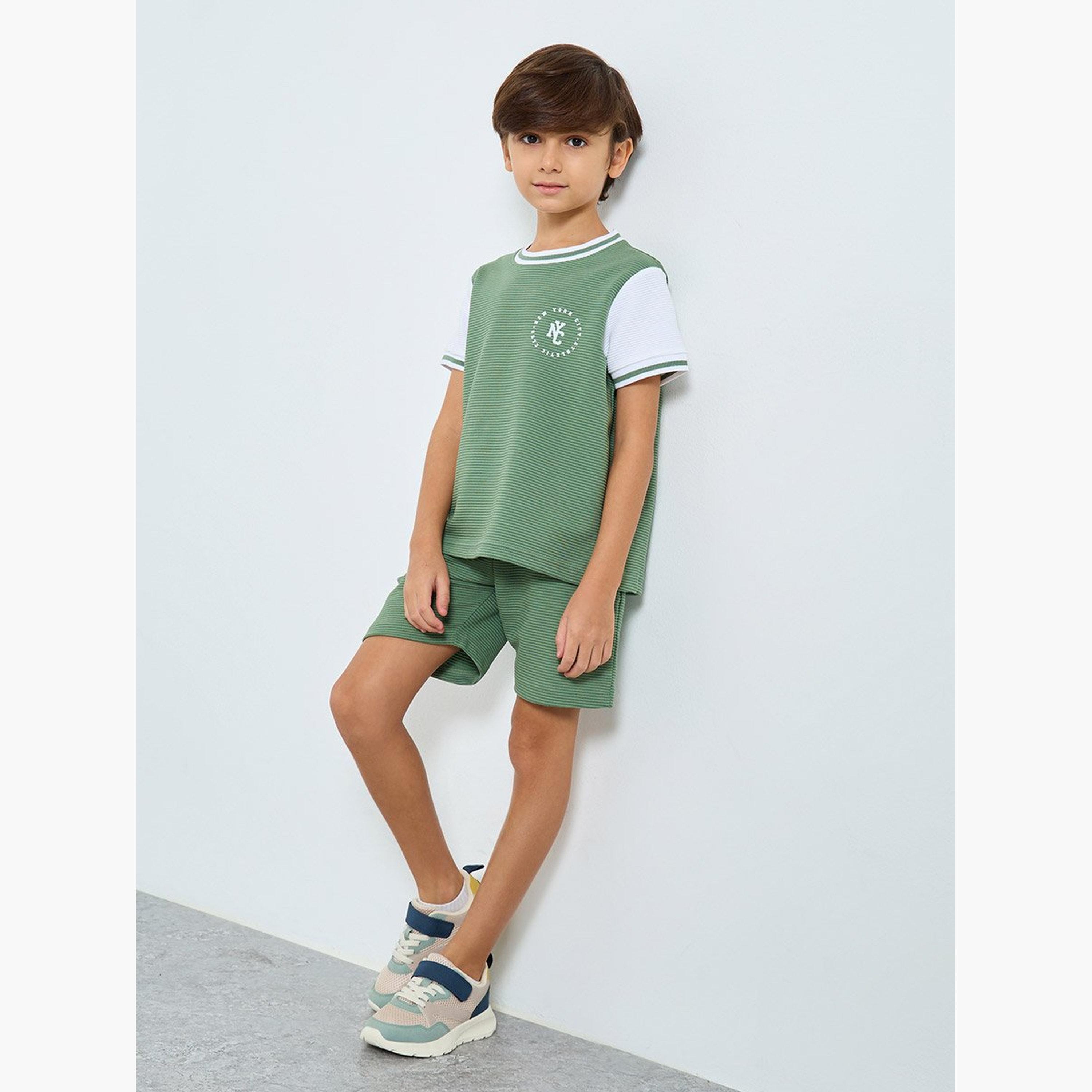 Styli Boys Green Contrast Tipping Ribbed T-Shirt and Shorts Set-boys-clothing-setsandcoords-image-1