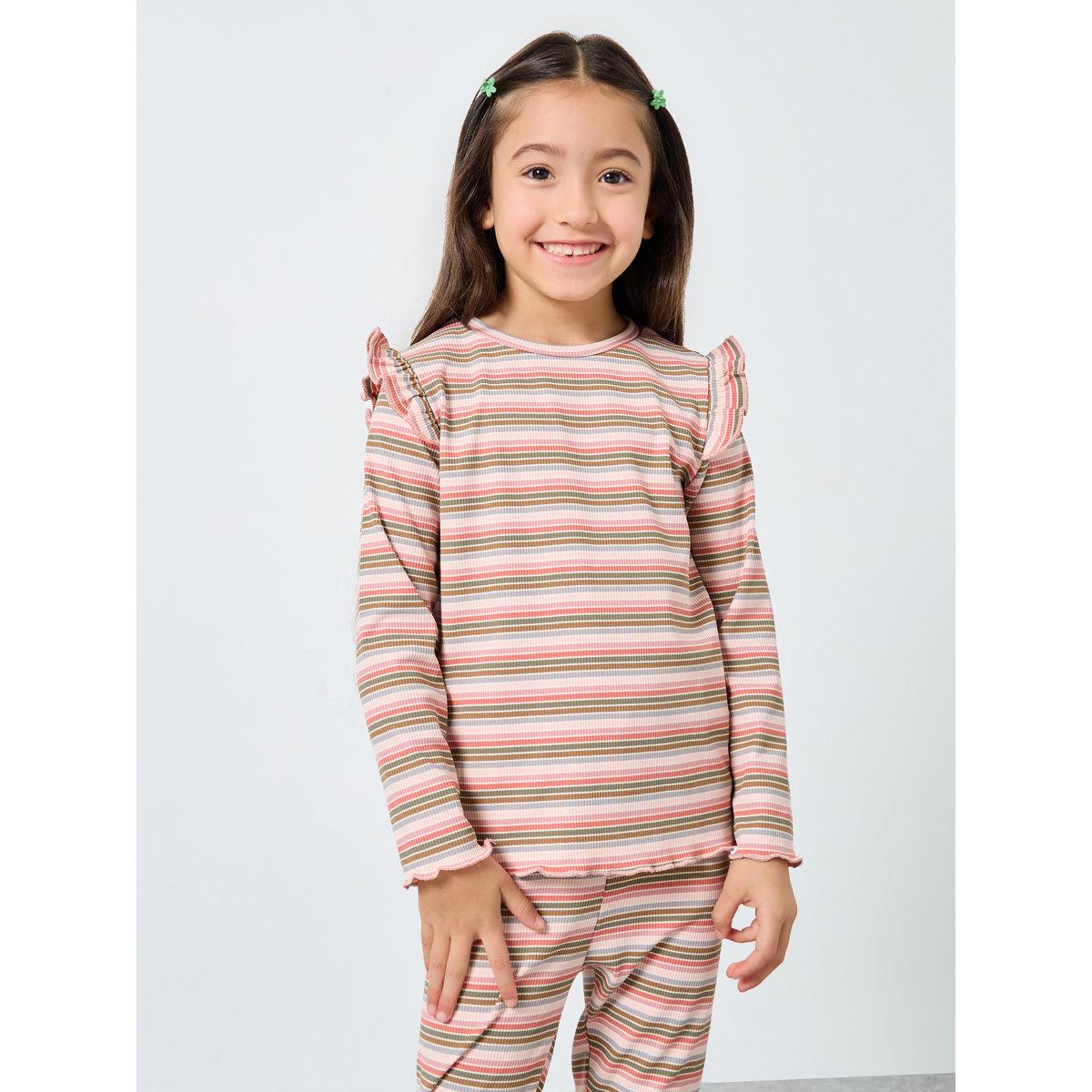 Styli Girls Striped Ribbed Top and Pyjama Set-girls-clothing-nightwear-image-3