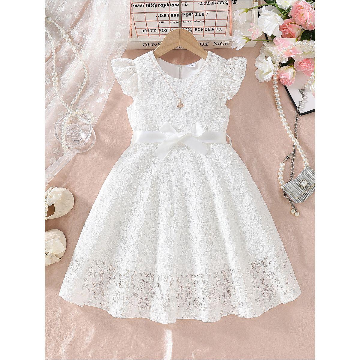 Styli Lace Ruffled Sleeve Bow Detail Knee Length Dress-girls-clothing-dressesandjumpsuits-image-1