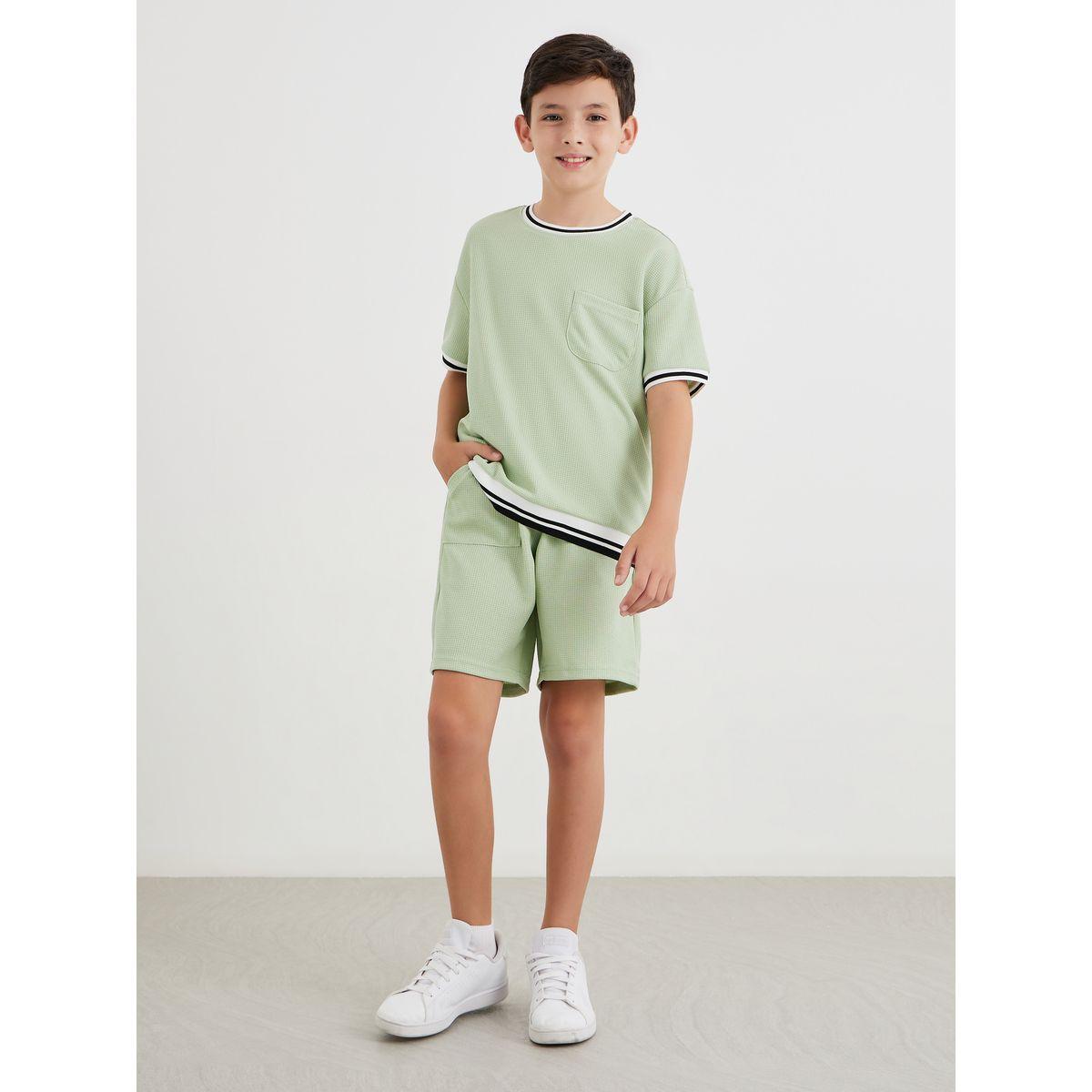 Styli Boys Green Contrast Ribbed Tipping T-Shirt and Shorts Set-boys-clothing-setsandcoords-image-2