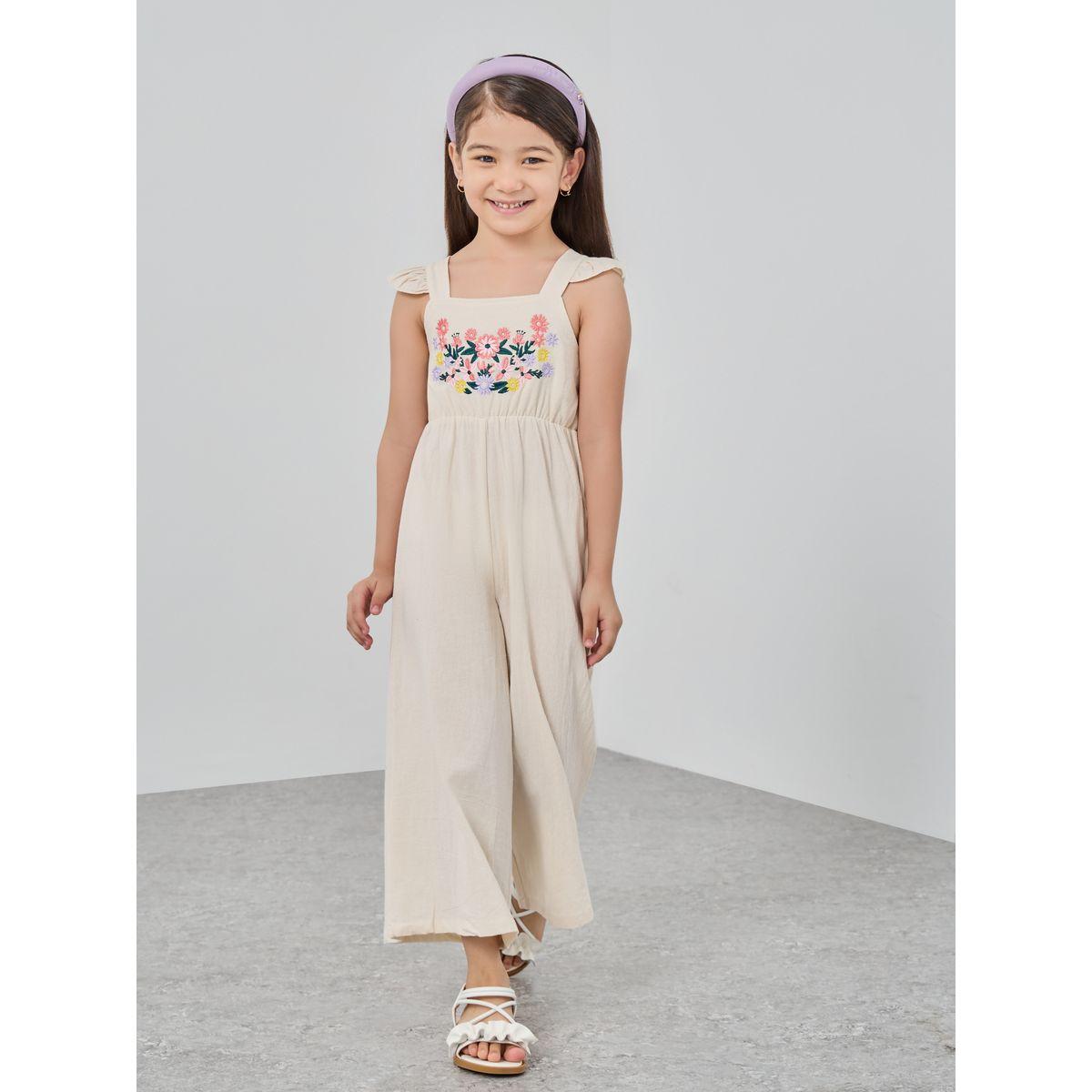 Styli Floral Embroidery Ruffle Hem Wide Leg Jumpsuit-girls-clothing-rompers-image-1