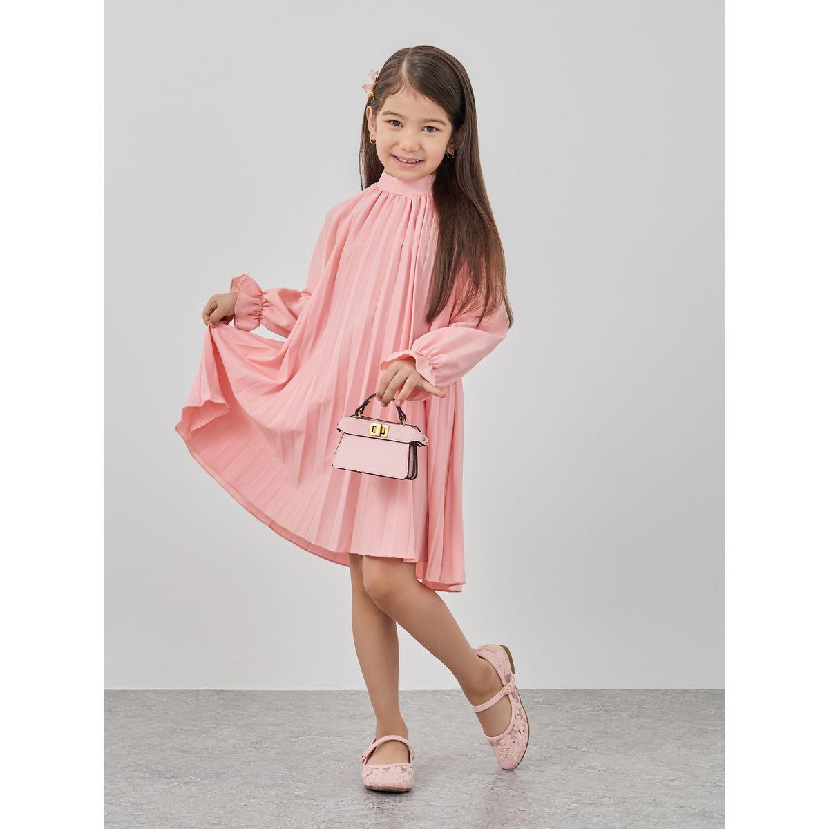 Styli High Neck Pleated Dress with Bow Detail-girls-clothing-dressesandjumpsuits-image-1