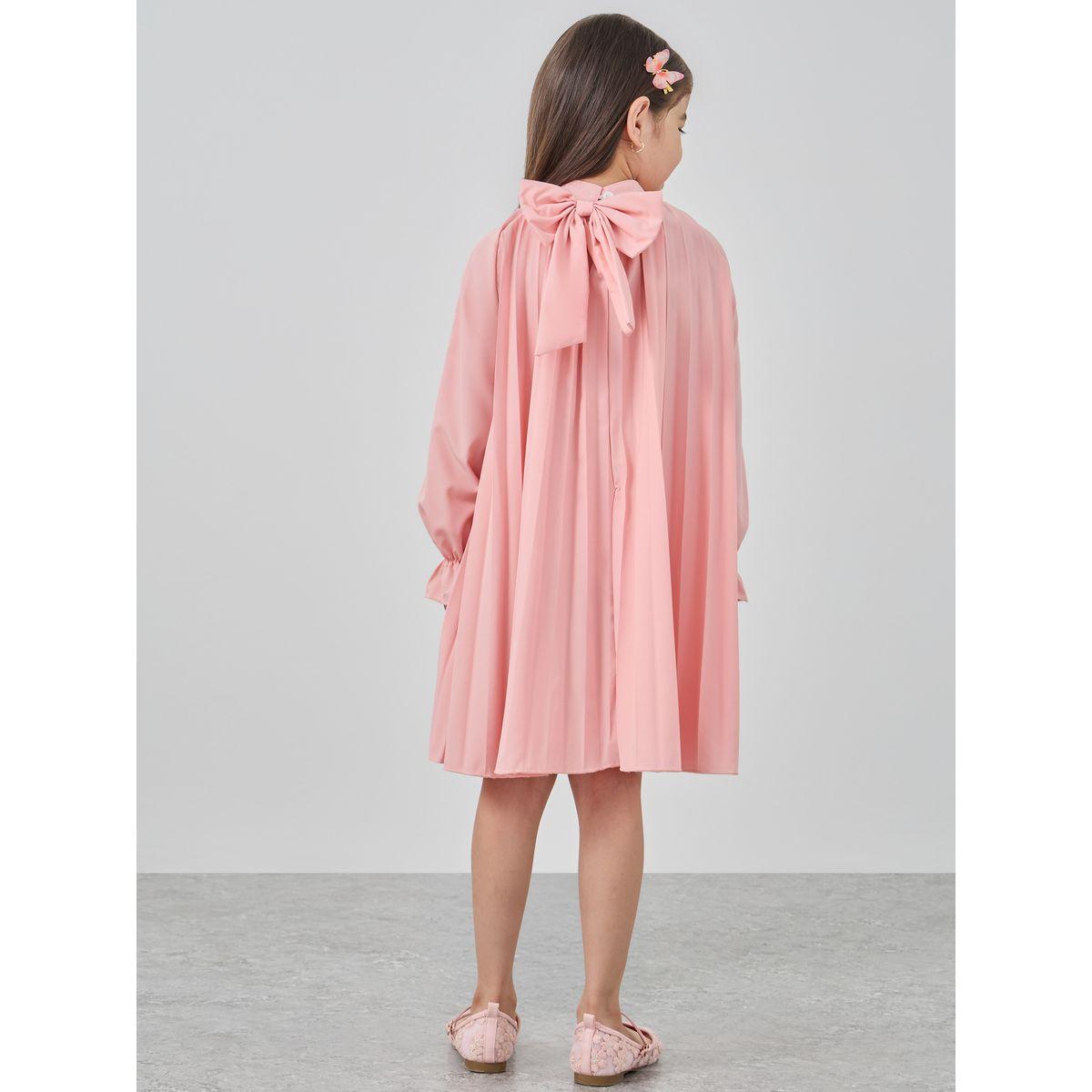 فستان بياقة عالية وتفاصيل كسرات مع فيونكة-girls-clothing-dressesandjumpsuits-image-4