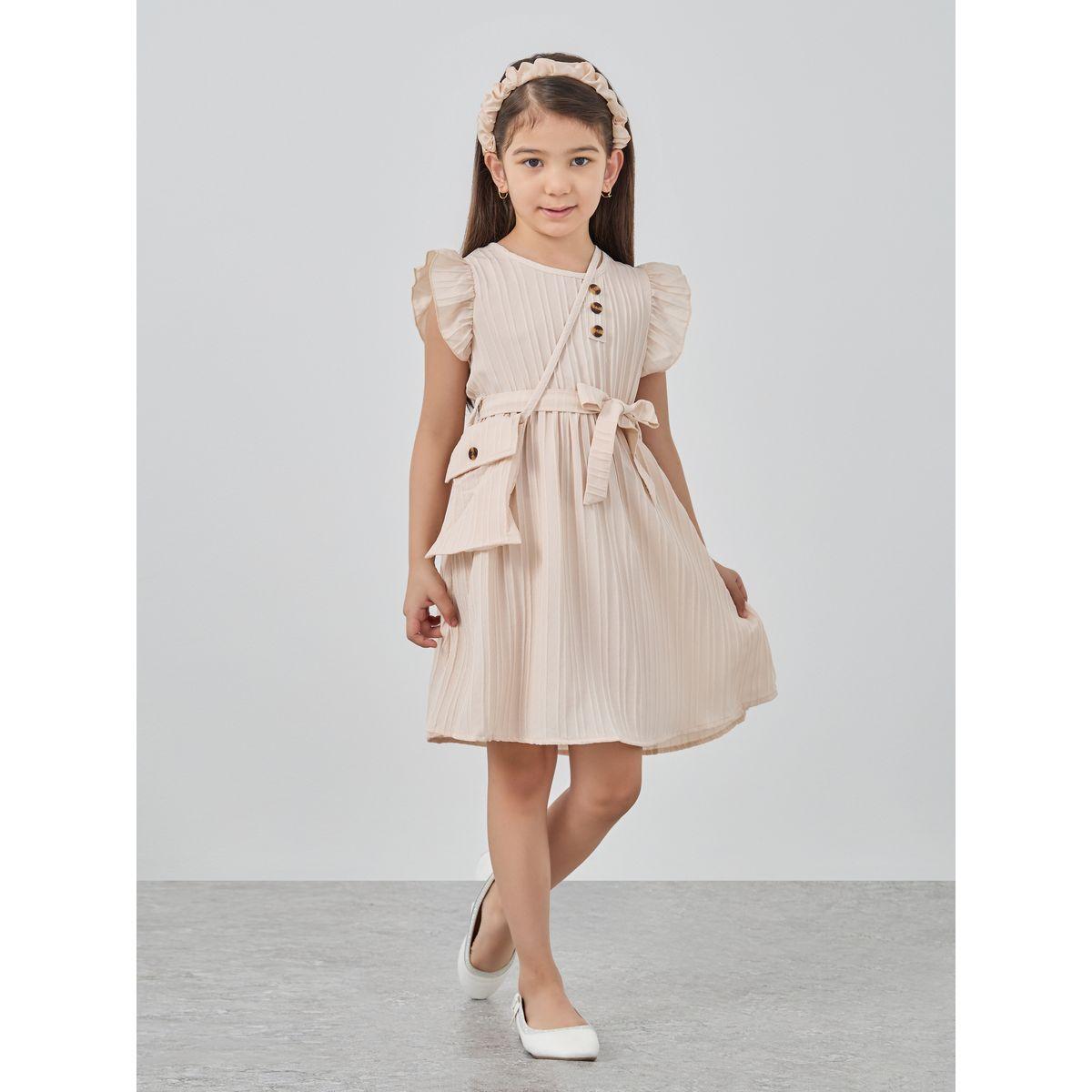 Styli Textured Tie Belt Dress with Sling Bag-girls-clothing-dressesandjumpsuits-image-1