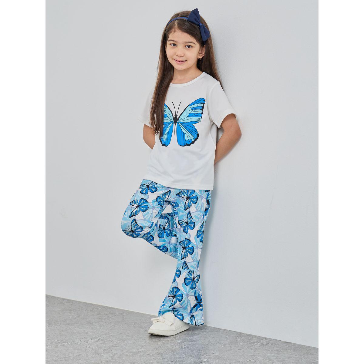 Styli Butterfly Print Round Neck T-Shirt and Pants Set-girls-clothing-setsandcoords-image-1