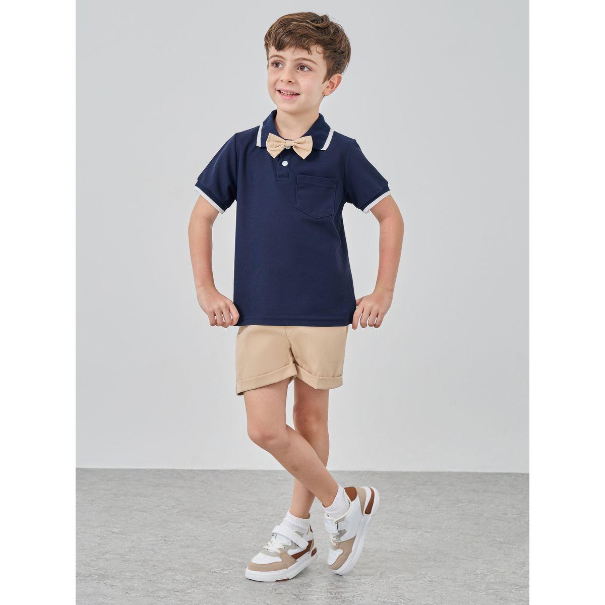 Styli Solid Short Sleeve Bow Detail Polo and Shorts Set-boys-clothing-setsandcoords-image-1
