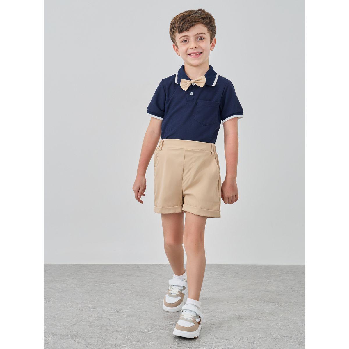 Styli Solid Short Sleeve Bow Detail Polo and Shorts Set-boys-clothing-setsandcoords-image-2