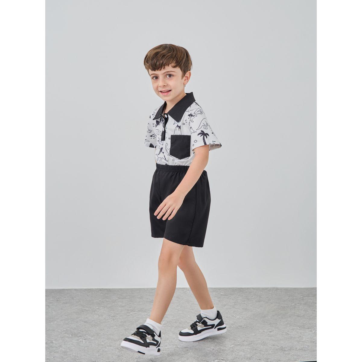 Styli Dinosaur Print Polo T-Shirt and Shorts Set-boys-clothing-setsandcoords-image-2