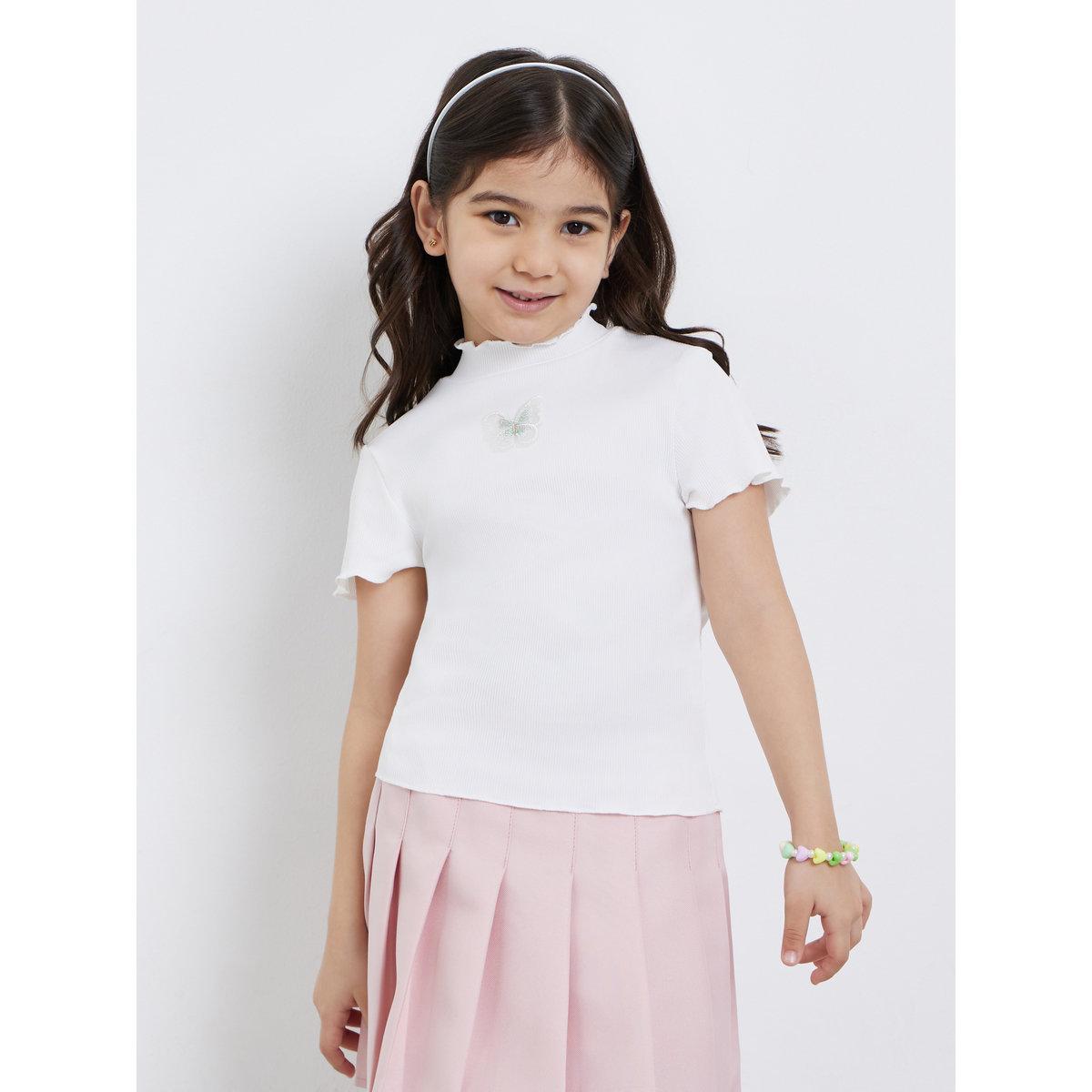 Styli Girls Off White Ribbed High Neck T-Shirt-girls-clothing-tshirts-image-1