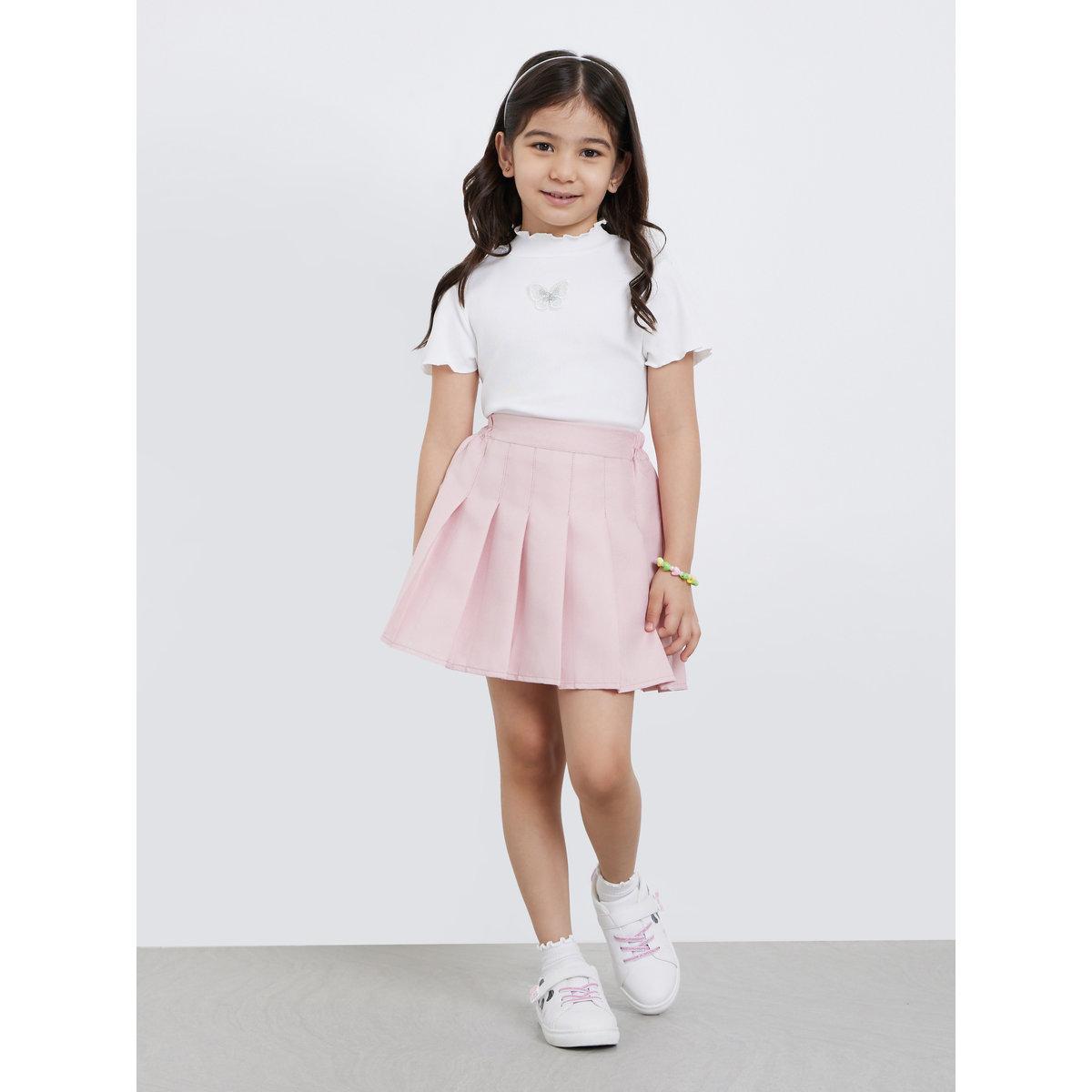 Styli Girls Off White Ribbed High Neck T-Shirt-girls-clothing-tshirts-image-2