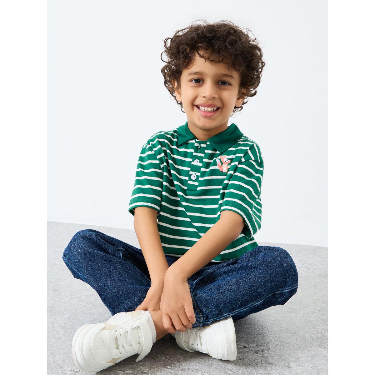 Styli Boys Dark Green Striped Polo T-Shirt-boys-clothing-tshirtsandpolos-image-1