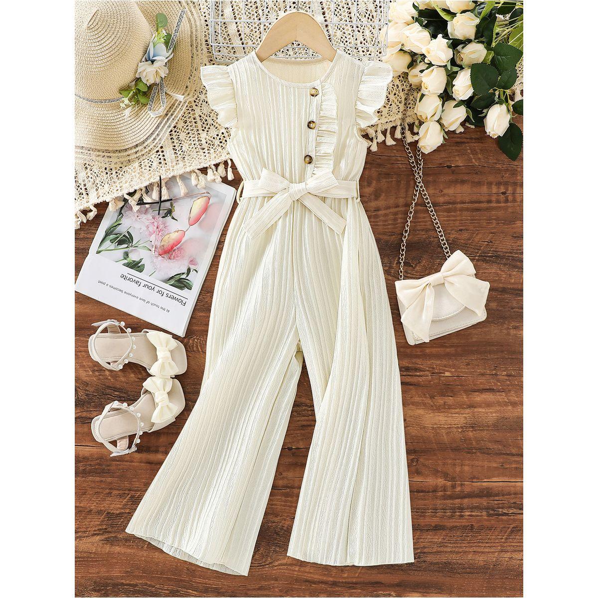Styli Girls Beige Button Detail Belted Wide Leg Jumpsuit-girls-clothing-rompers-image-1
