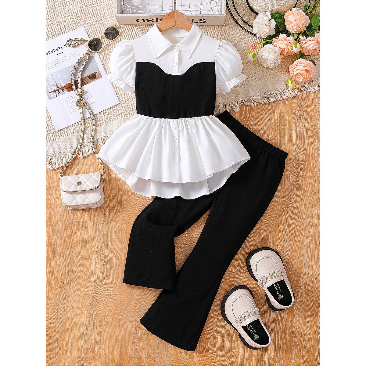 Styli Color Block Puff Sleeve Shirt and Flared Pants Set-girls-clothing-setsandcoords-image-1