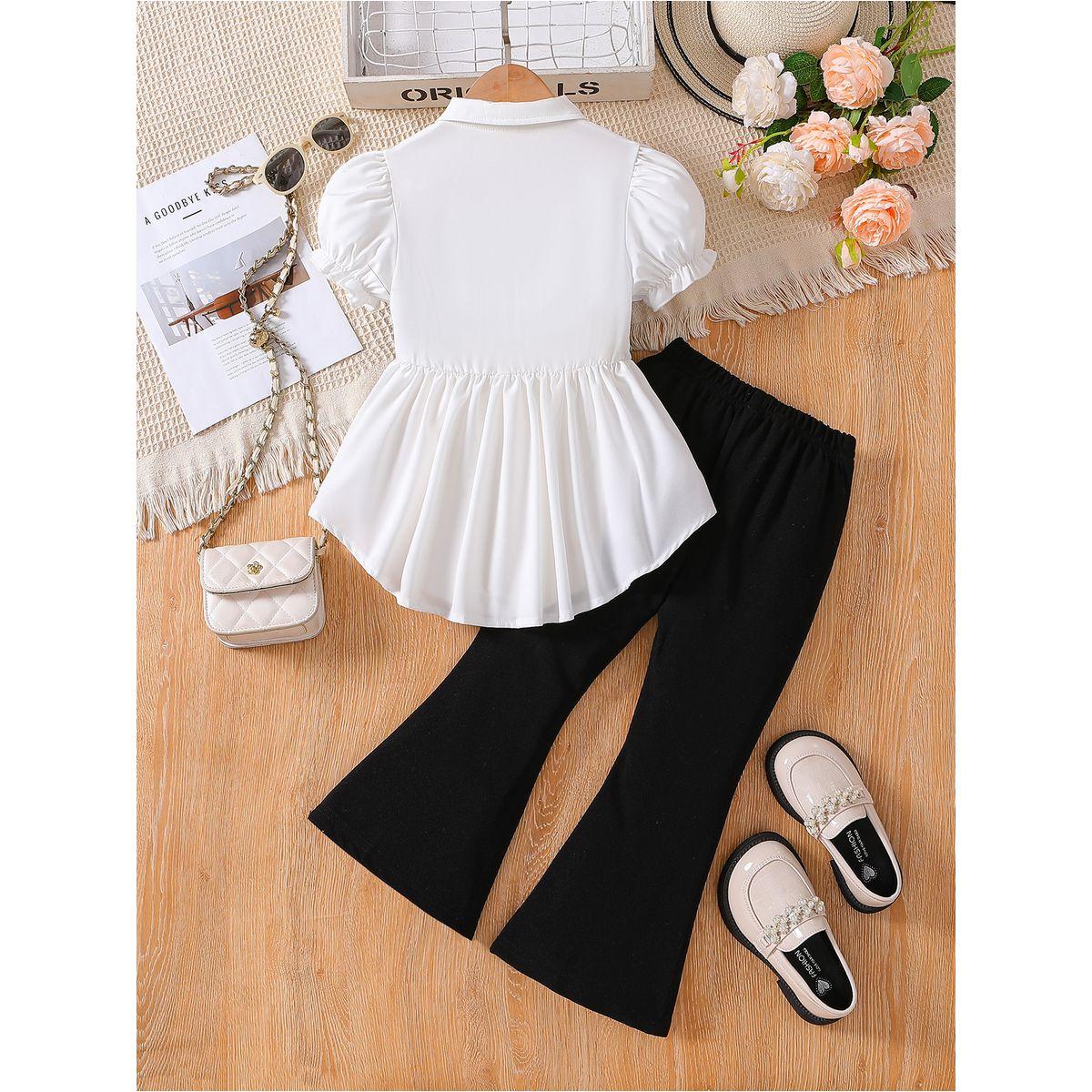 Styli Color Block Puff Sleeve Shirt and Flared Pants Set-girls-clothing-setsandcoords-image-2