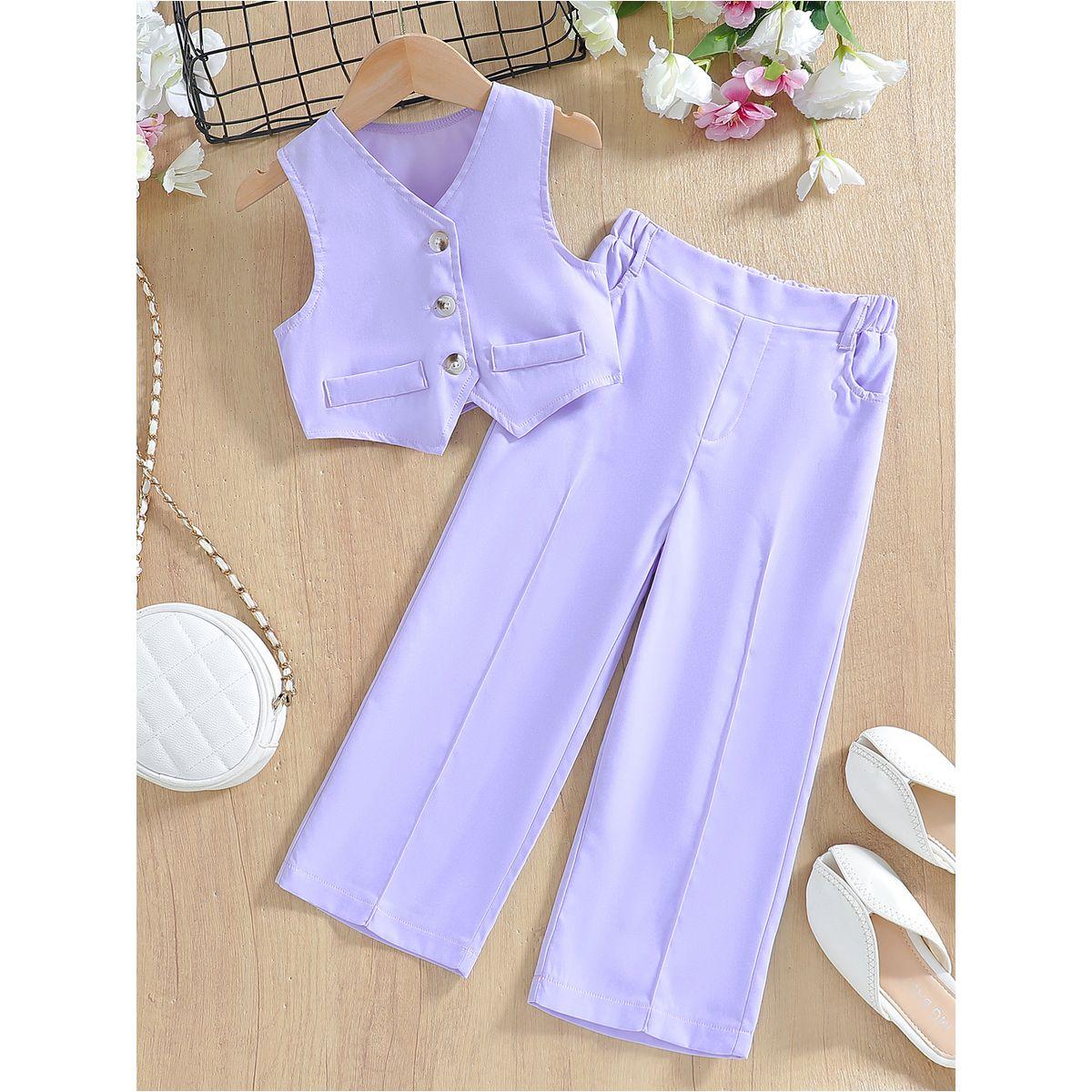 طقم من بنطال بقصة أرجل واسعة وفيست بتفاصيل أزرار-girls-clothing-setsandcoords-image-1