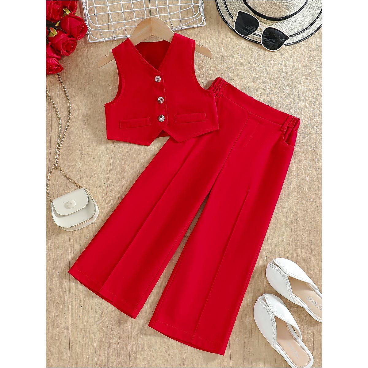 طقم من بنطال بقصة أرجل واسعة وفيست بتفاصيل أزرار-girls-clothing-setsandcoords-image-1