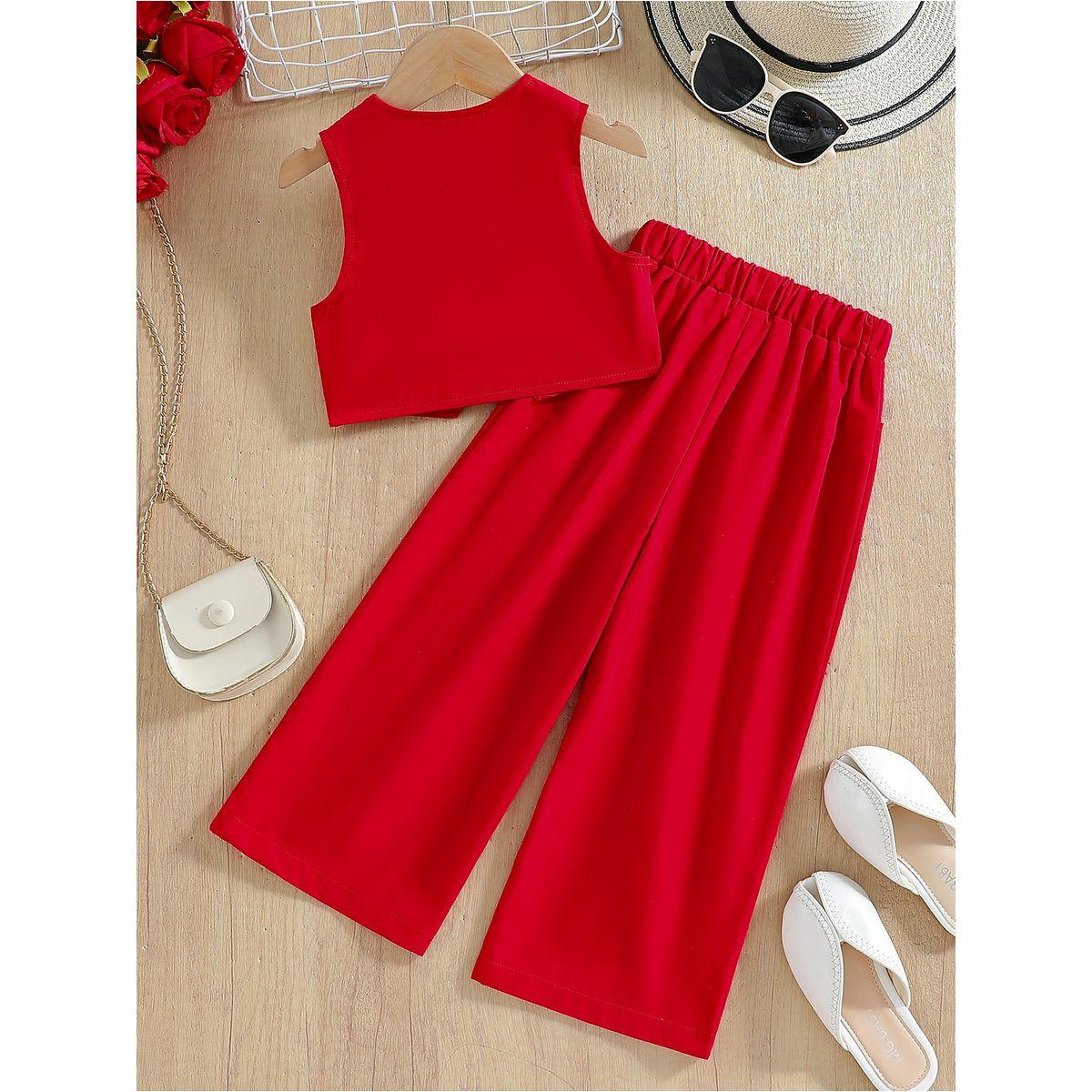 Styli Girls Red Button Detail Vest and Wide Leg Pants Set-girls-clothing-setsandcoords-image-2