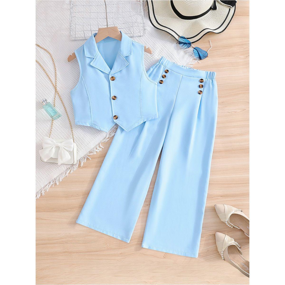 Styli Solid Button Up Vest and Wide Leg Pants Set-girls-clothing-setsandcoords-image-1