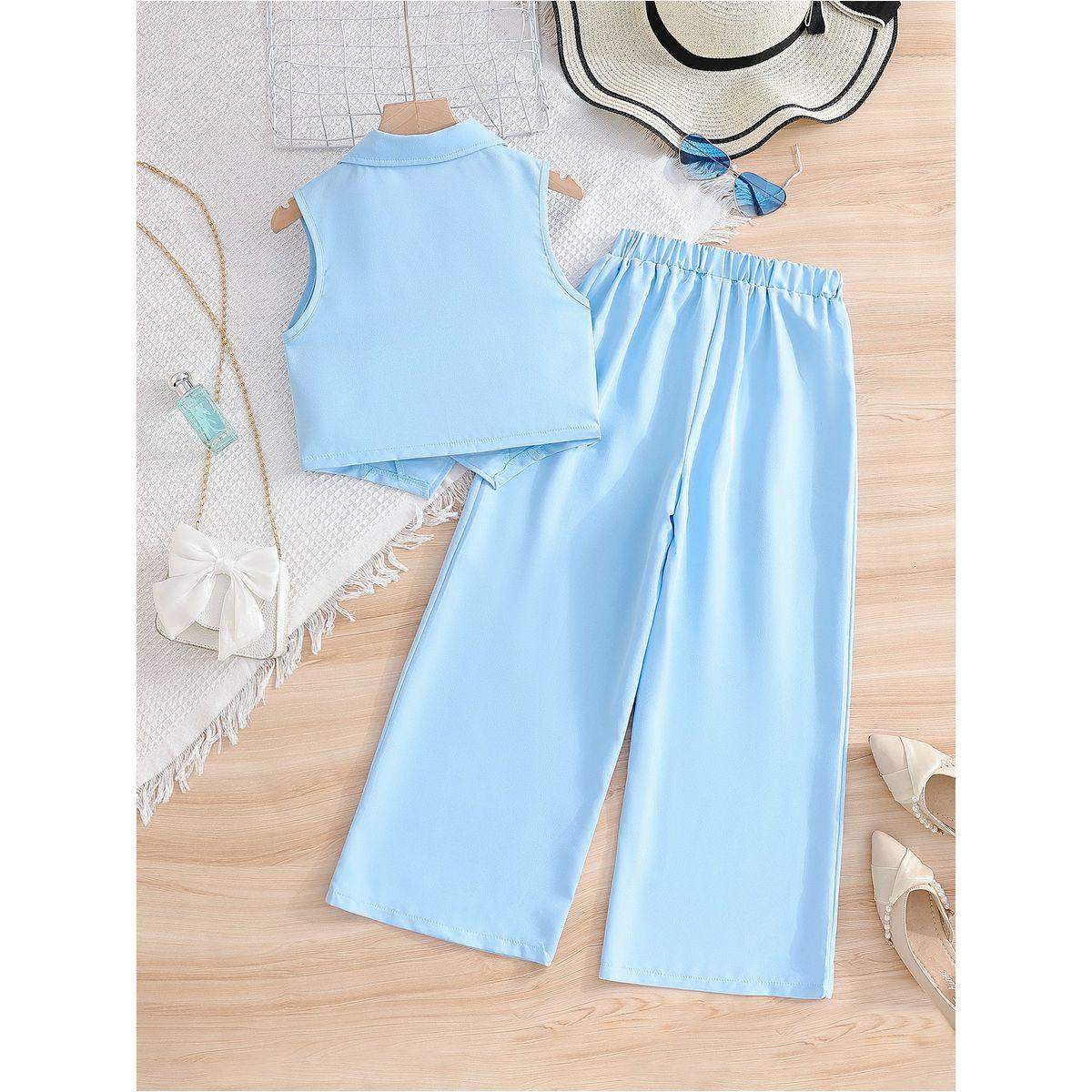 Styli Solid Button Up Vest and Wide Leg Pants Set-girls-clothing-setsandcoords-image-2