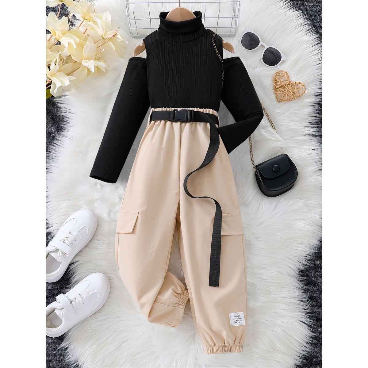 Styli Girls Beige Cold Shoulder Top and Belted Joggers Set-girls-clothing-setsandcoords-image-1