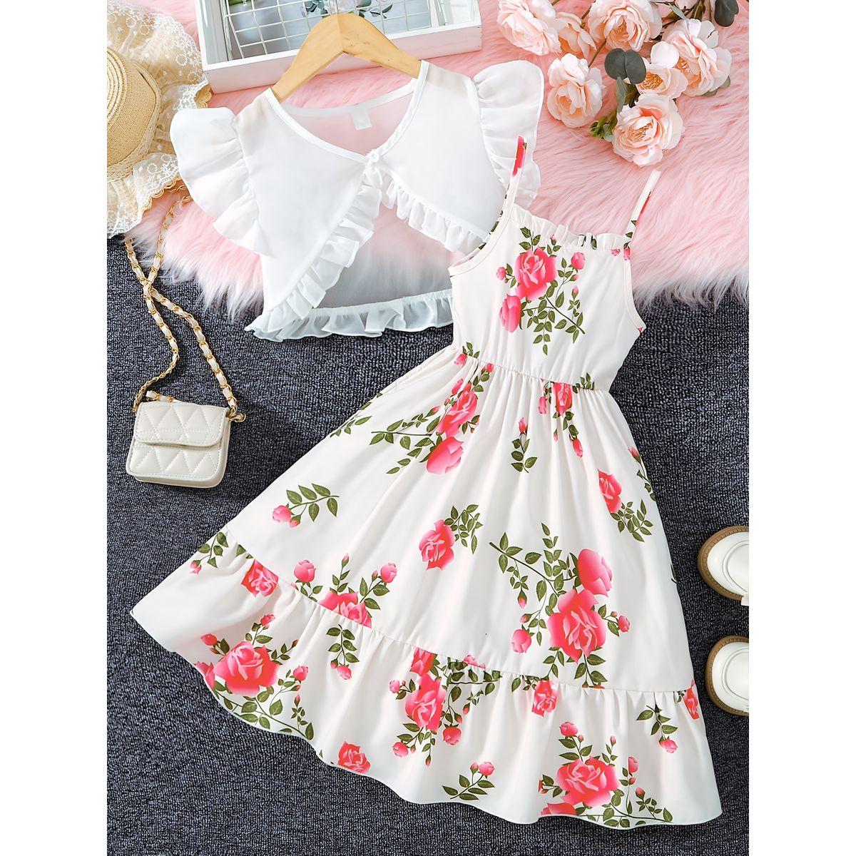 فستان بطبعة زهور وتفاصيل كشكش مع بوليرو-girls-clothing-setsandcoords-image-1