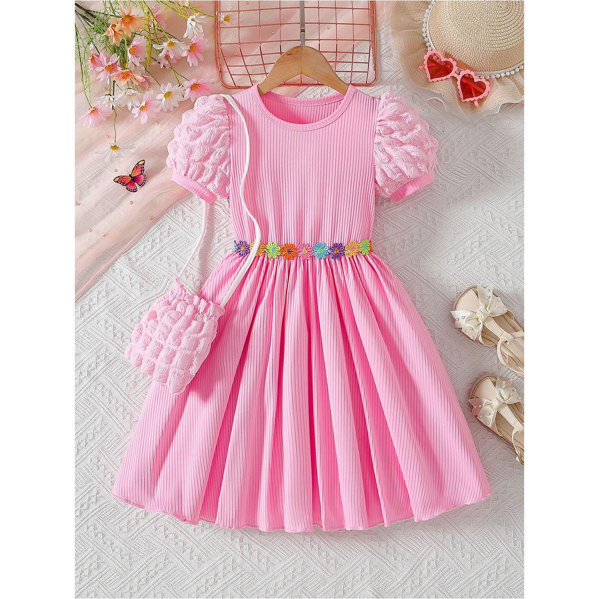 فستان سادة بأكمام منفوخة مع شنطة-girls-clothing-dressesandjumpsuits-image-1