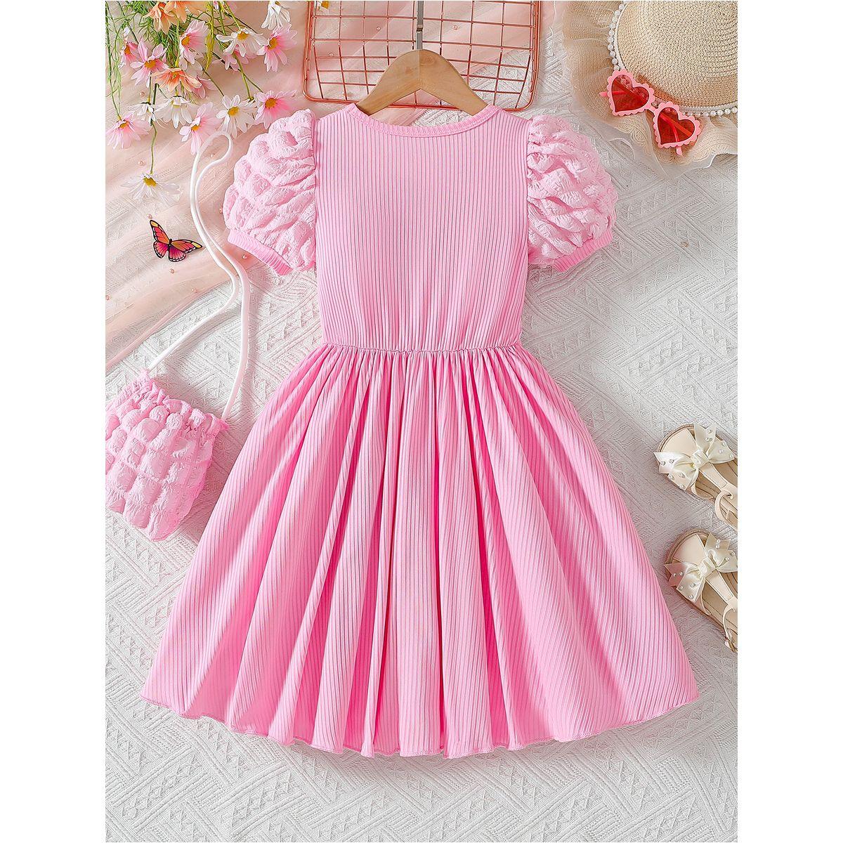 Styli Girls Pink Solid Puff Sleeves A-Line Dress with Crossbody Bag-girls-clothing-dressesandjumpsuits-image-2