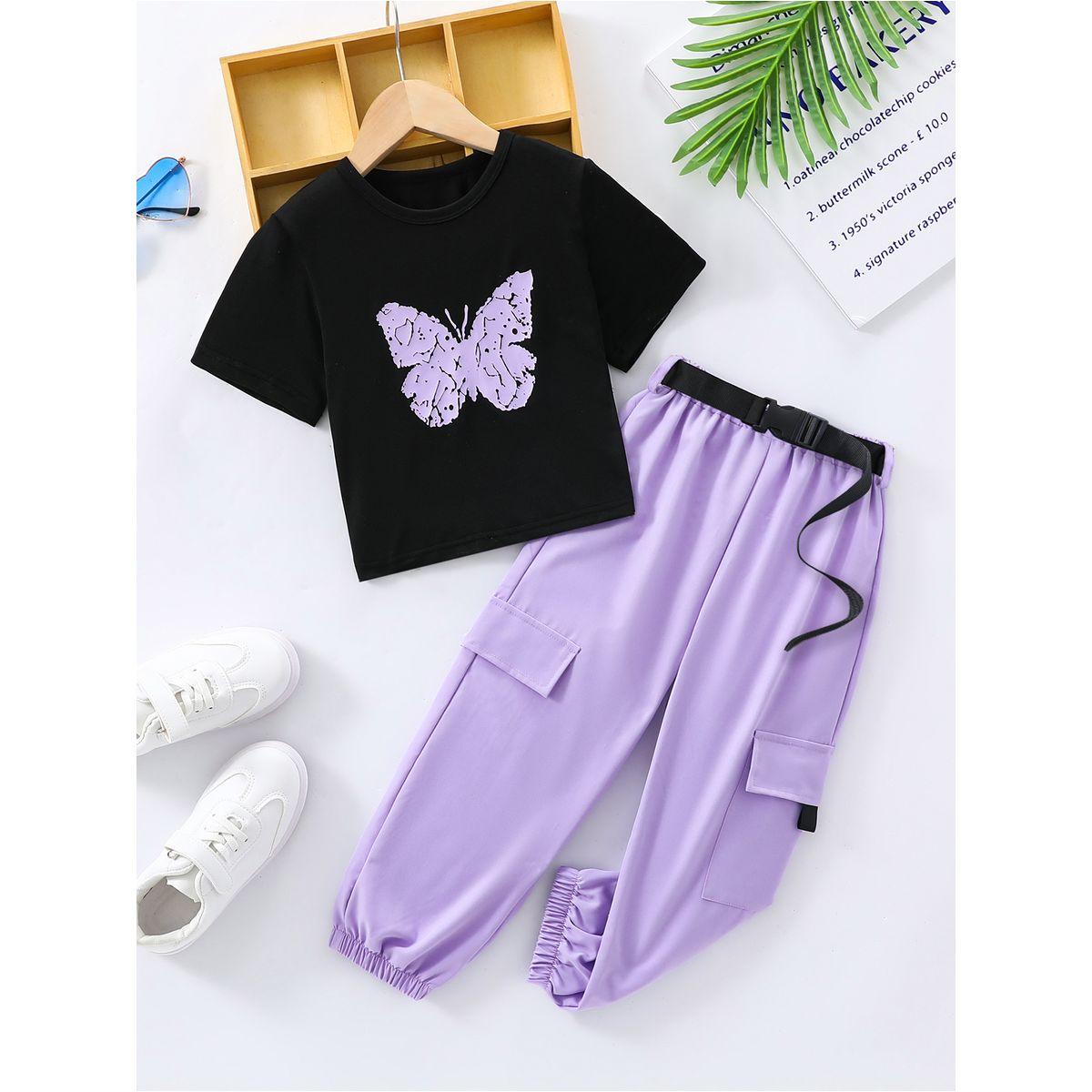Styli Butterfly Print T-Shirt and Pocket Detail Belted Joggers Set-girls-clothing-setsandcoords-image-1